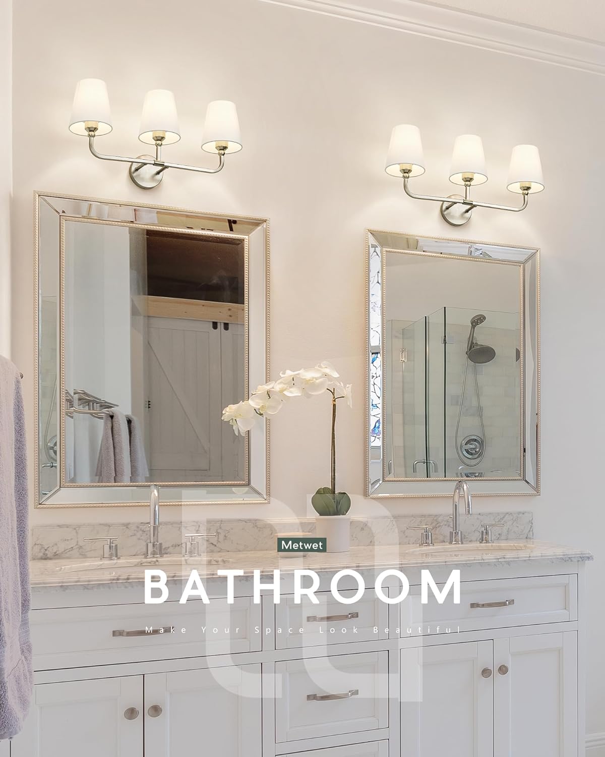 Bathroom Light Fixtures, Brushed Nickel Vanity Lights with Flared White Fabric Shade, 3 Light Wall Sconce, Modern Sconces Wall Lighting for Hallway Bedroom, VL837-BN-3