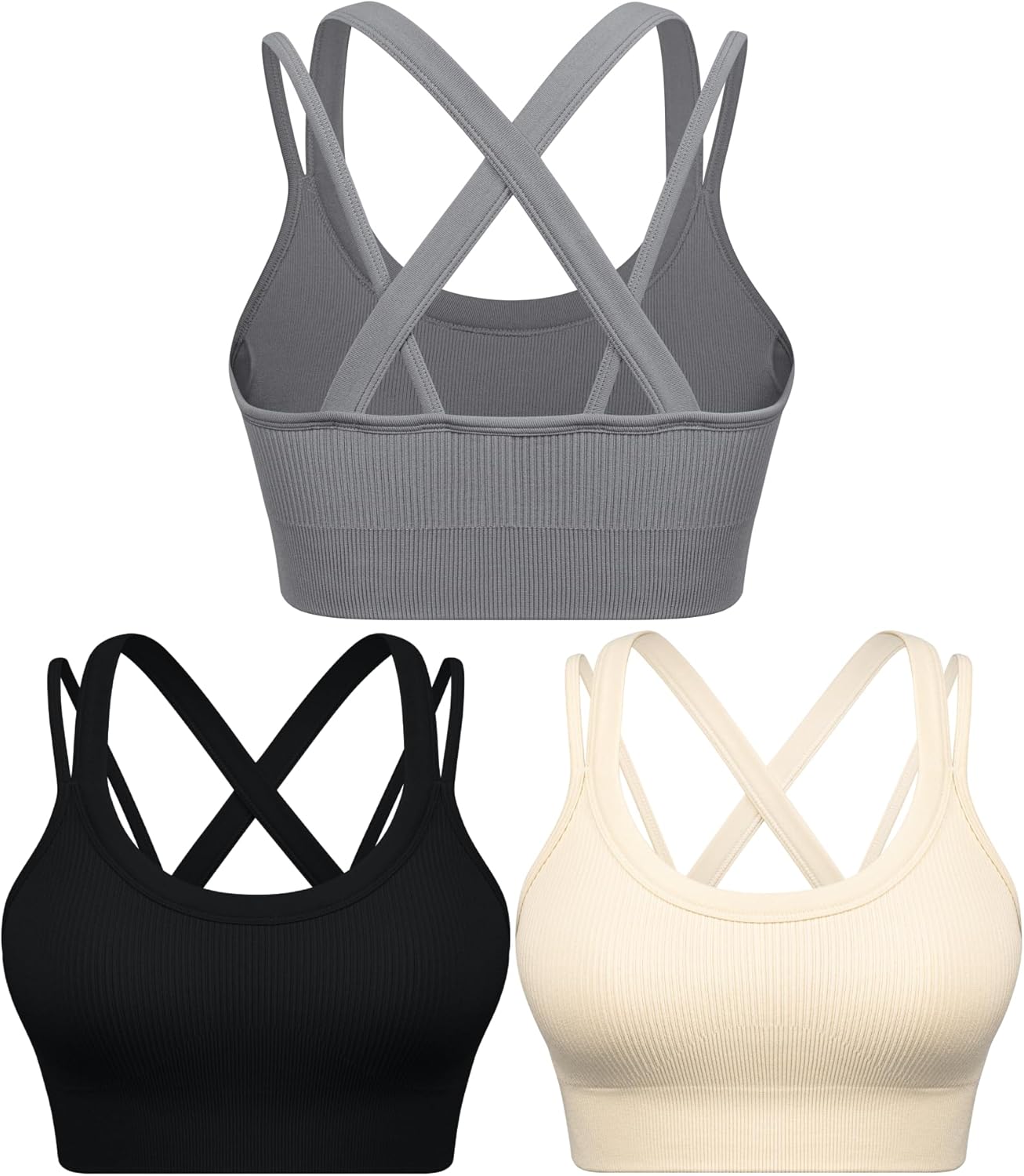 WANAYOU Sports Bras for Women High Support Ribbed Strappy Running Sports Bra Criss Cross Back Workout Bra Padded 3 Pack