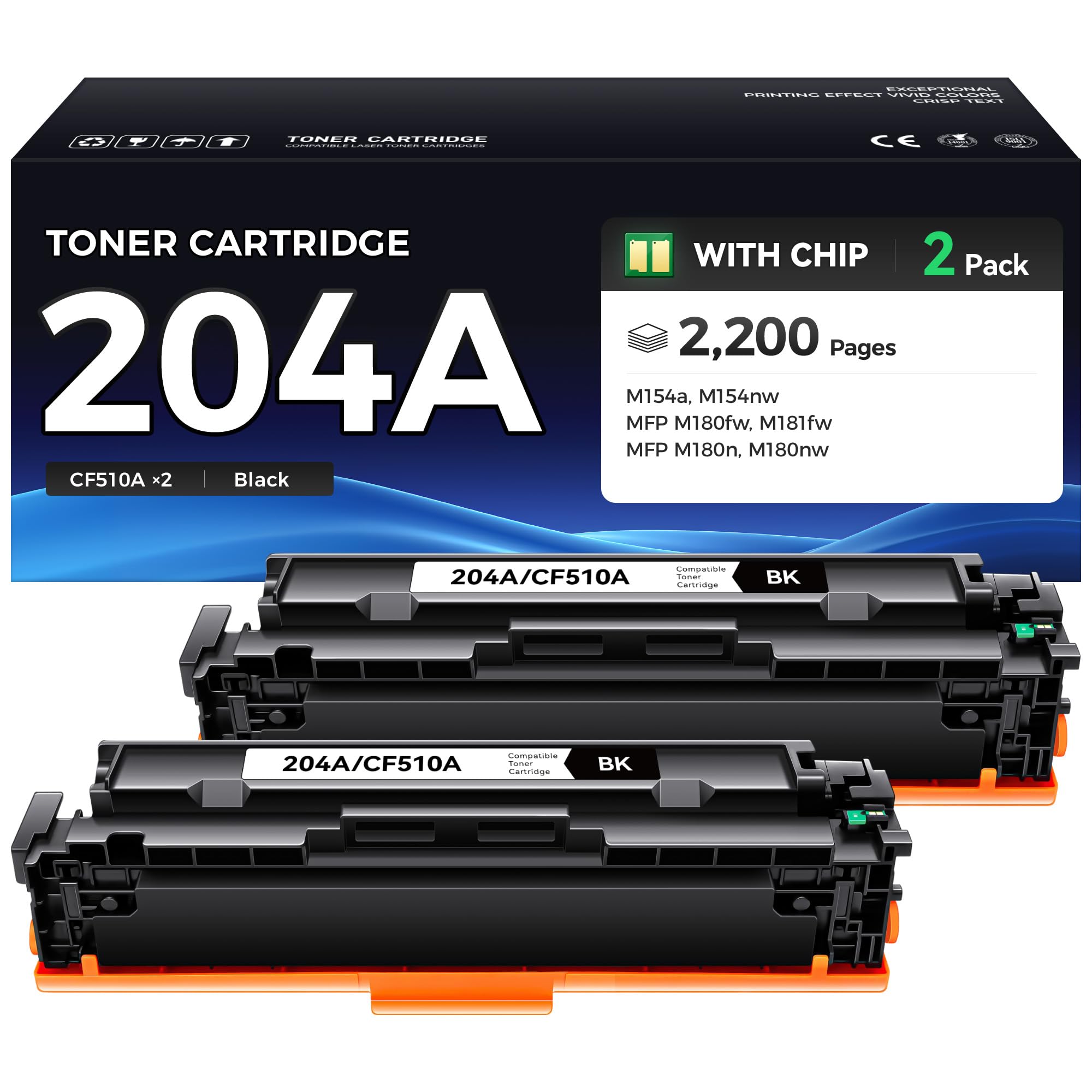 204A Black Toner Cartridge Set 2-Pack High Yield Replacement for HP 204A 204X CF510A CF510X Toner Cartridge Compatible for HP Color LaserJet Pro MFP M180fw M181fw M180n M180nw M154a M154nw Printer Ink