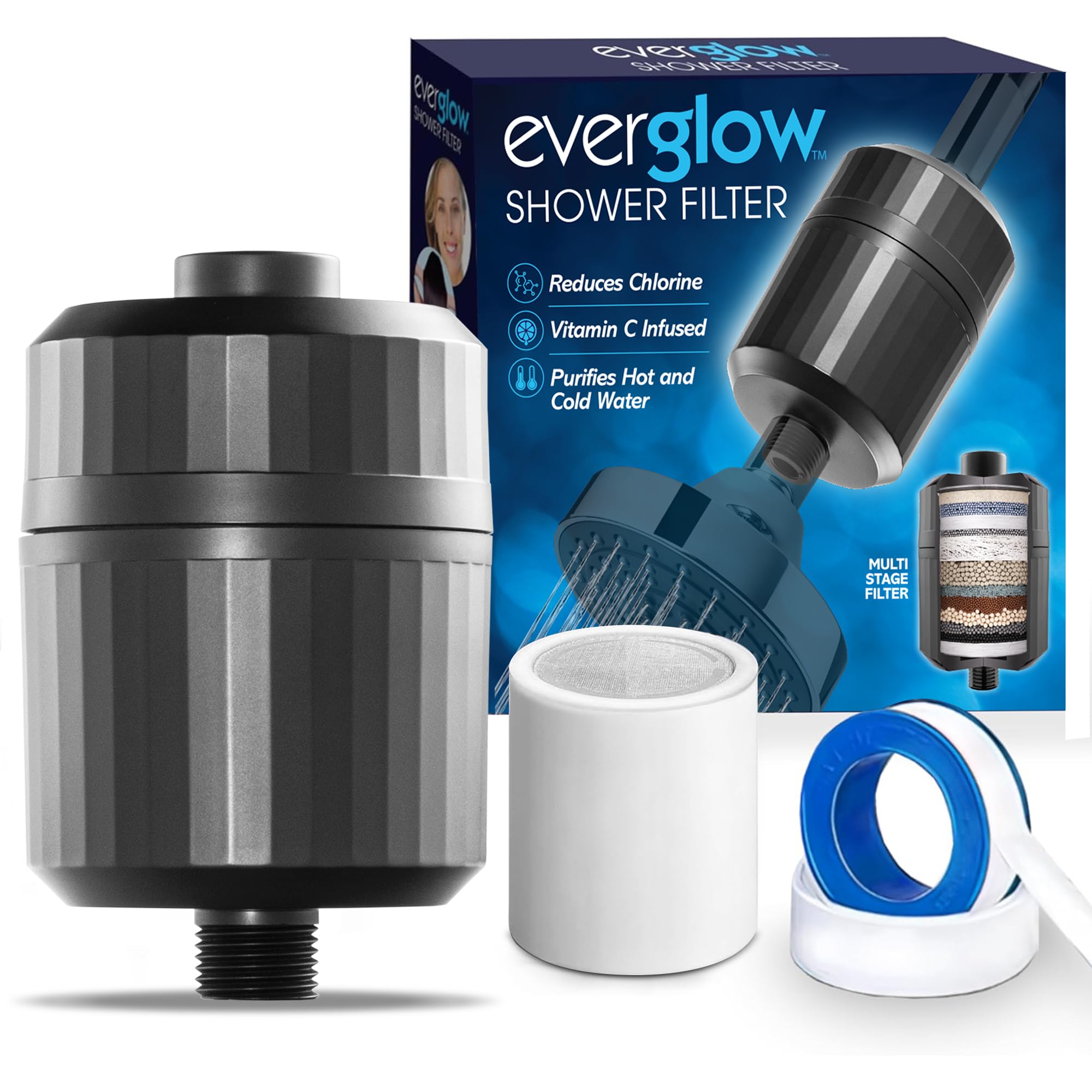 EVERGLOW Filtro de ducha de alto rendimiento, 100% elimina el cloro, hidrata la piel y el cabello secos con picazón, ayuda con la caspa, el eccema y la vitamina C infundida y suavizante de agua, 4.7