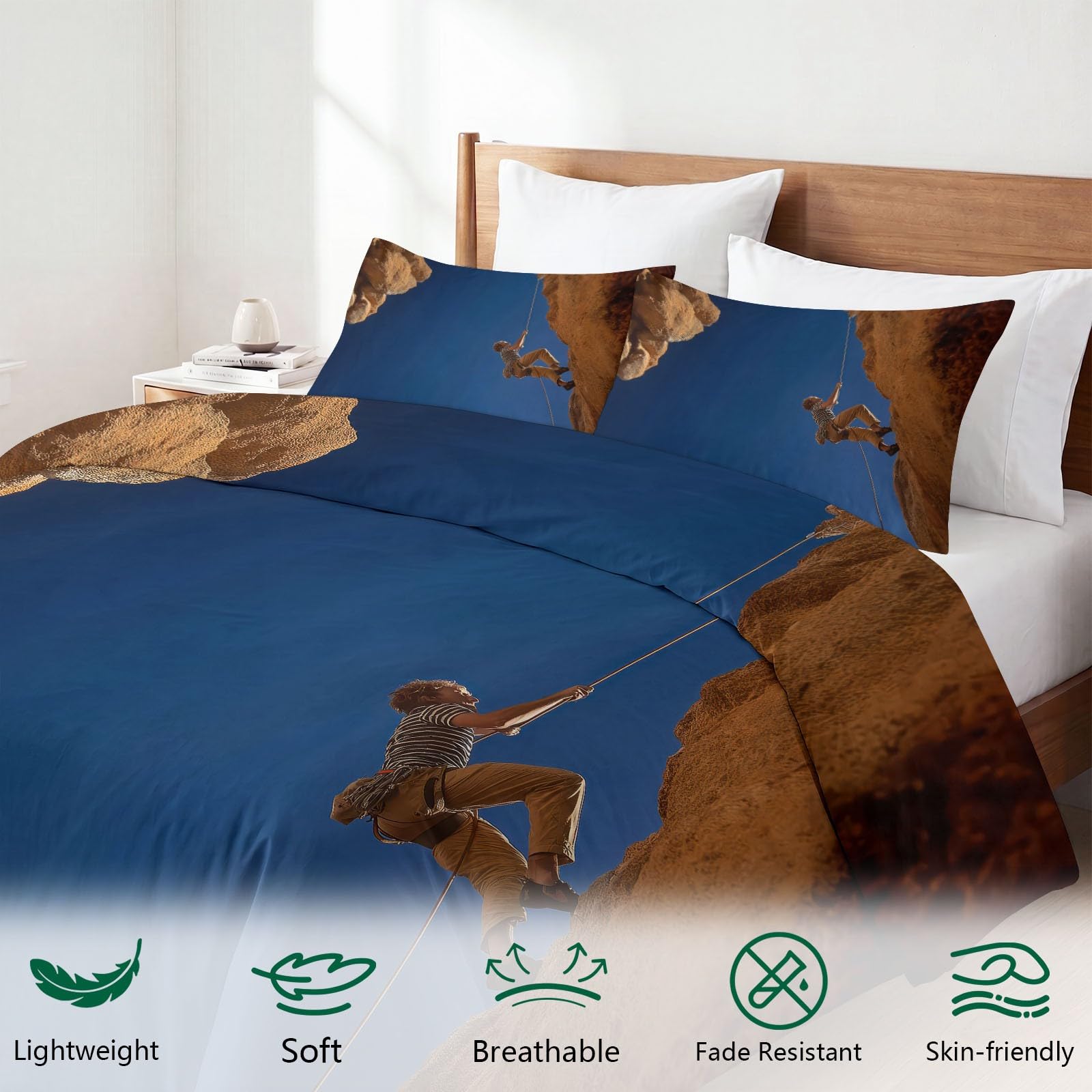 Generisch Bettwäsche Set 3-teilig 200 x 200 cm, Natur Kinderbettwäsche Mikrofaser mit Reißverschluss - Bettbezug Kletterer Klippe für Jungen Mädchen Dunkelbraun Bettwaren
