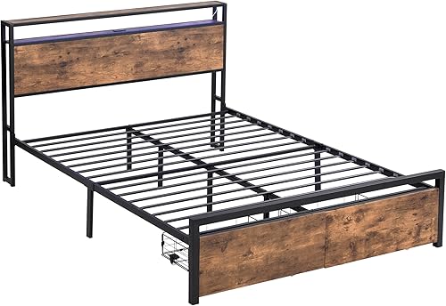 HBRR Base de cama LED tamaño Queen con 2 cajones de almacenamiento y puertos USB, marco de cama de plataforma de metal con estación de carga y