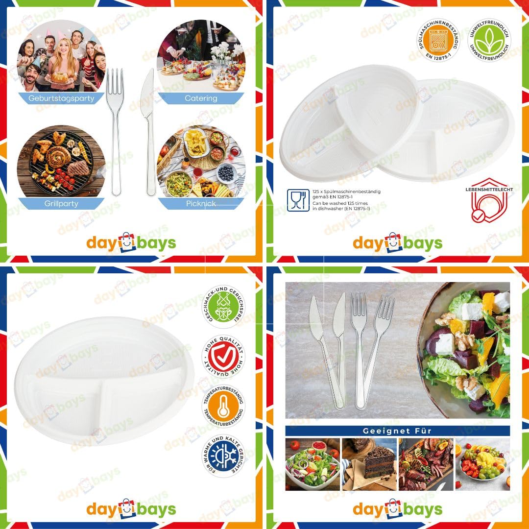 Mehrweg 200 Stk. 3-geteilt Plastikteller 200 Stk. Plastikgabel 200 Stk. Plastikmesser Set Mehrwegteller Plastikbesteck Partygeschirr Plastikgeschirr Set (200, 3-geteilt_Gabel_Messer)