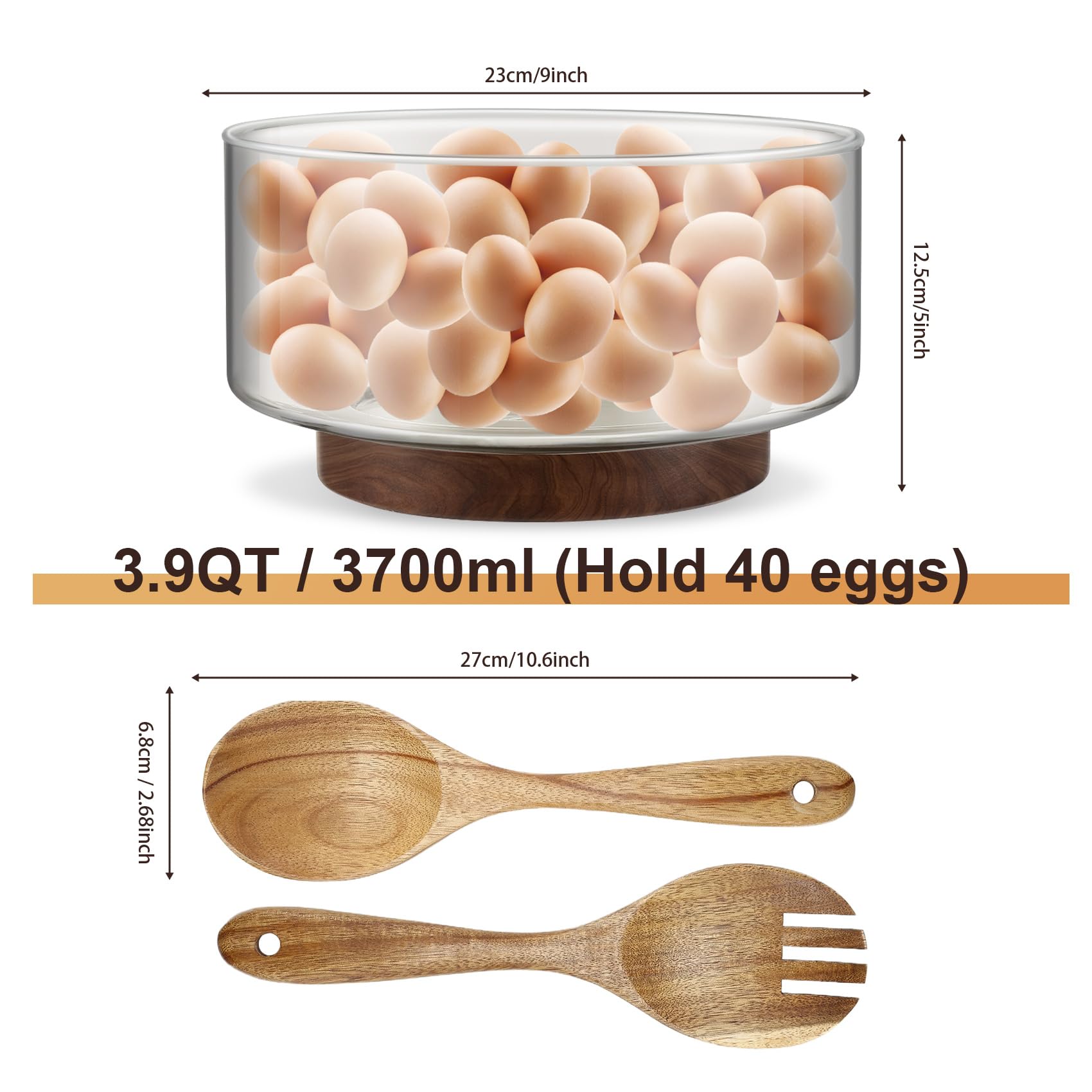 Cuenco grande de cristal de 3700 ml con pinzas de ensalada de madera, diseño de estabilidad mejorada, cuenco versátil para ensaladas, frutas, ideal para reuniones y comidas familiares diarias