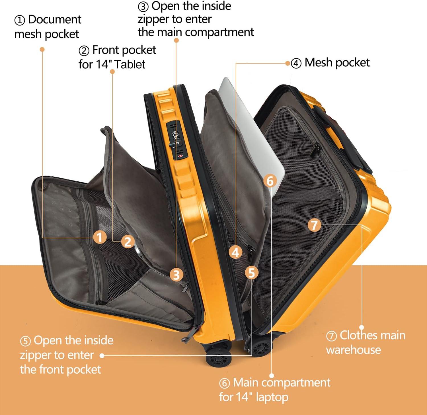 TydeCkare 16" Carry on Luggage with 2 Laptop Compartments, Lightweight Hardshell ABS+PC Suitcase with Dual Control TSA Lock, with YKK Zipper, 4 Spinner Silent Wheels, for Business Travel, Orange - Image 2