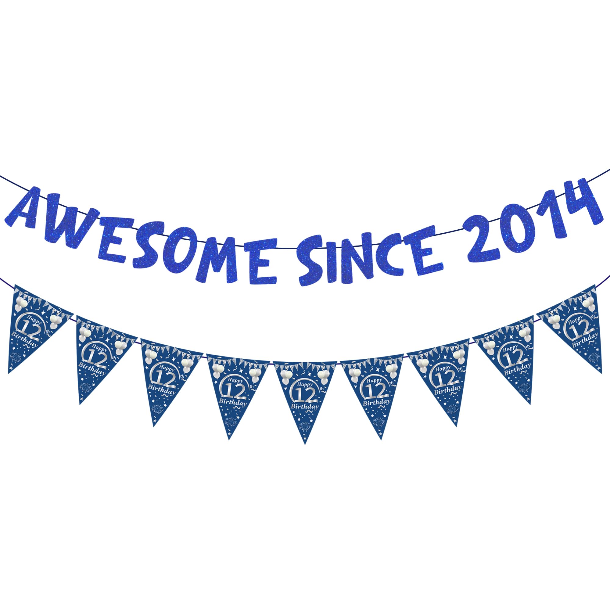 12th Birthday Banners Decorations - 2 Pcs Blue Pre-strung Awesome Since 2014 Sparkling Banner Happy 12th Birthday Triangular Flag for Boys 12 Year Old Party Decoration Supplies Photo Background