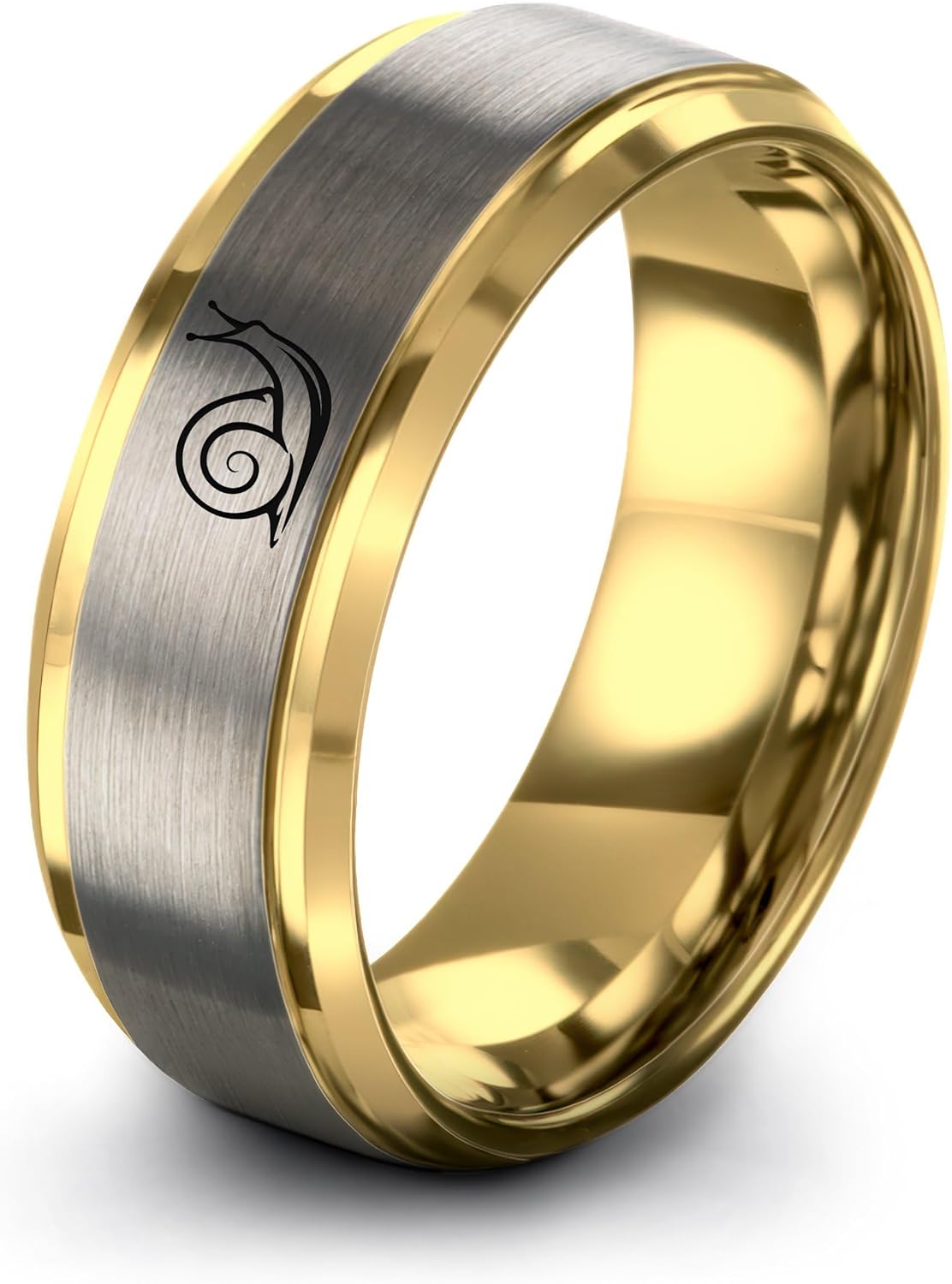 Snail Ring - Gift for Nature Fan - Tungsten - 8mm - Flat Dome Bevel - Personalized Custom Engraving - Brushed Polished - Men Women - Band - Anniversary Wedding - Silver Yellow Rose Gold Gunmetal