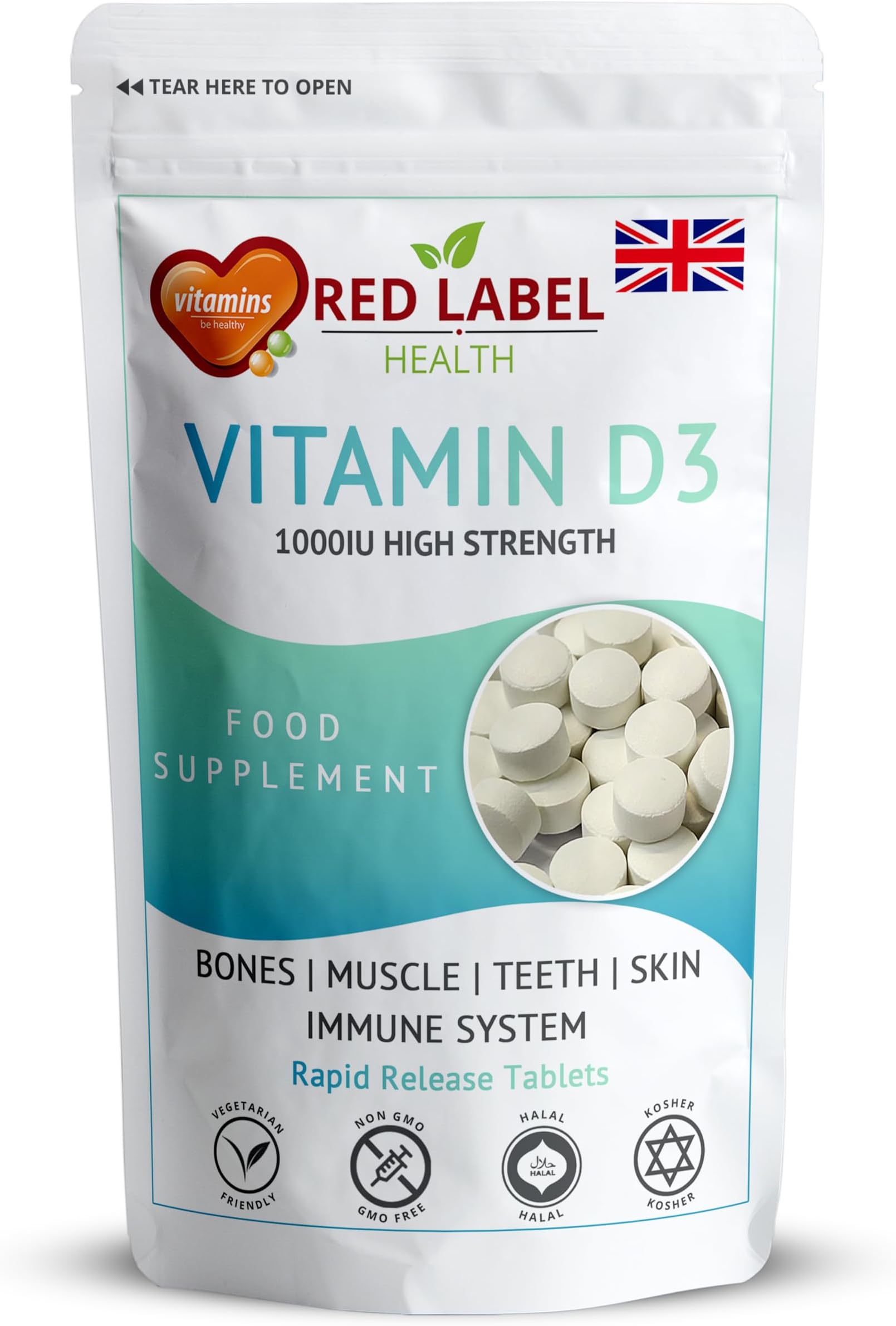 Vitamin D3 1000 IU, Pack of 360 Vitamin D Tablets (1 Year Supply), Healthy Teeth & Bones, Supports Immune System, High Strength Vitamin D Supplement for Men & Women, UK-Made