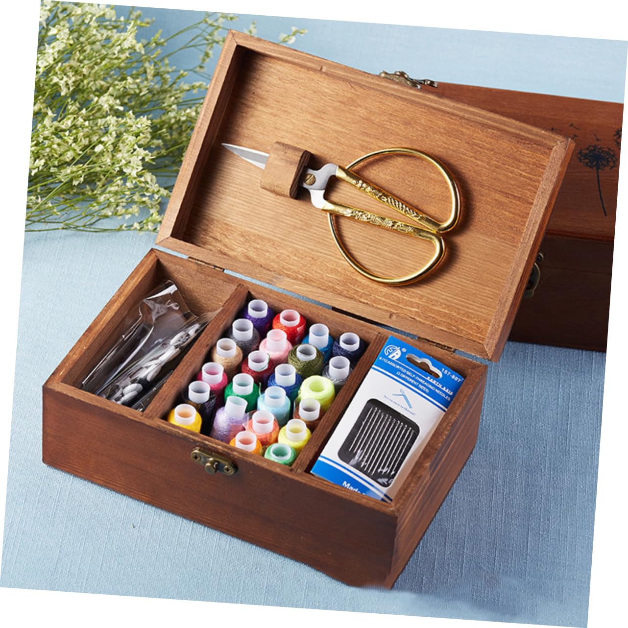 Caja de Costura de Madera Retro para Hilos y Agujas, Organizador Compartimentos para Manualidades, Reparación de Ropa y Bordado en Casa