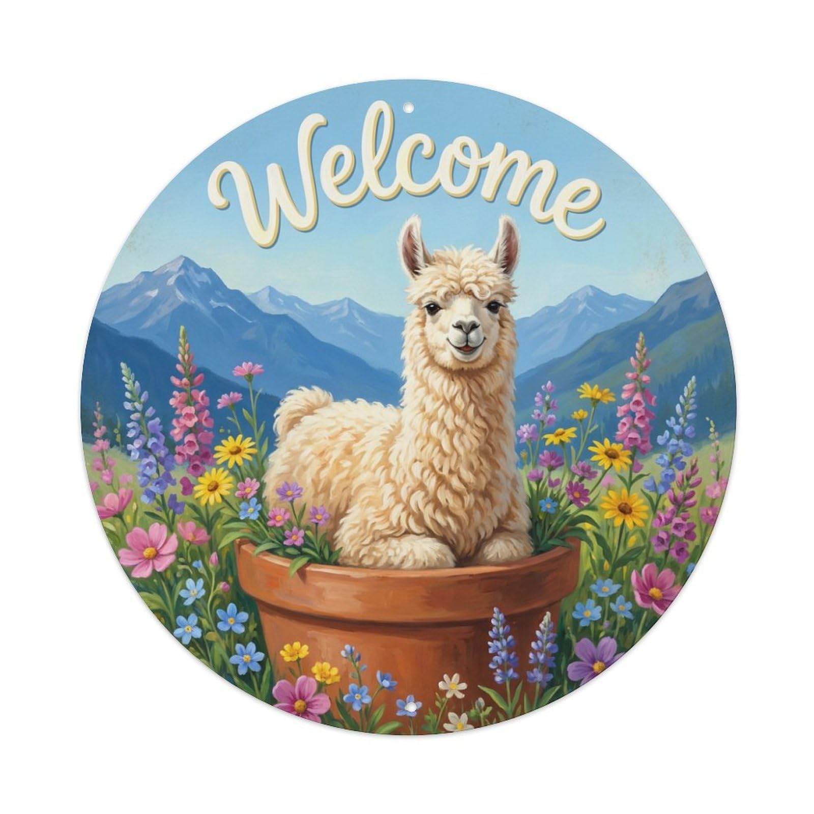 Welcome Llama Mountain Meadow Metal Tin Sign