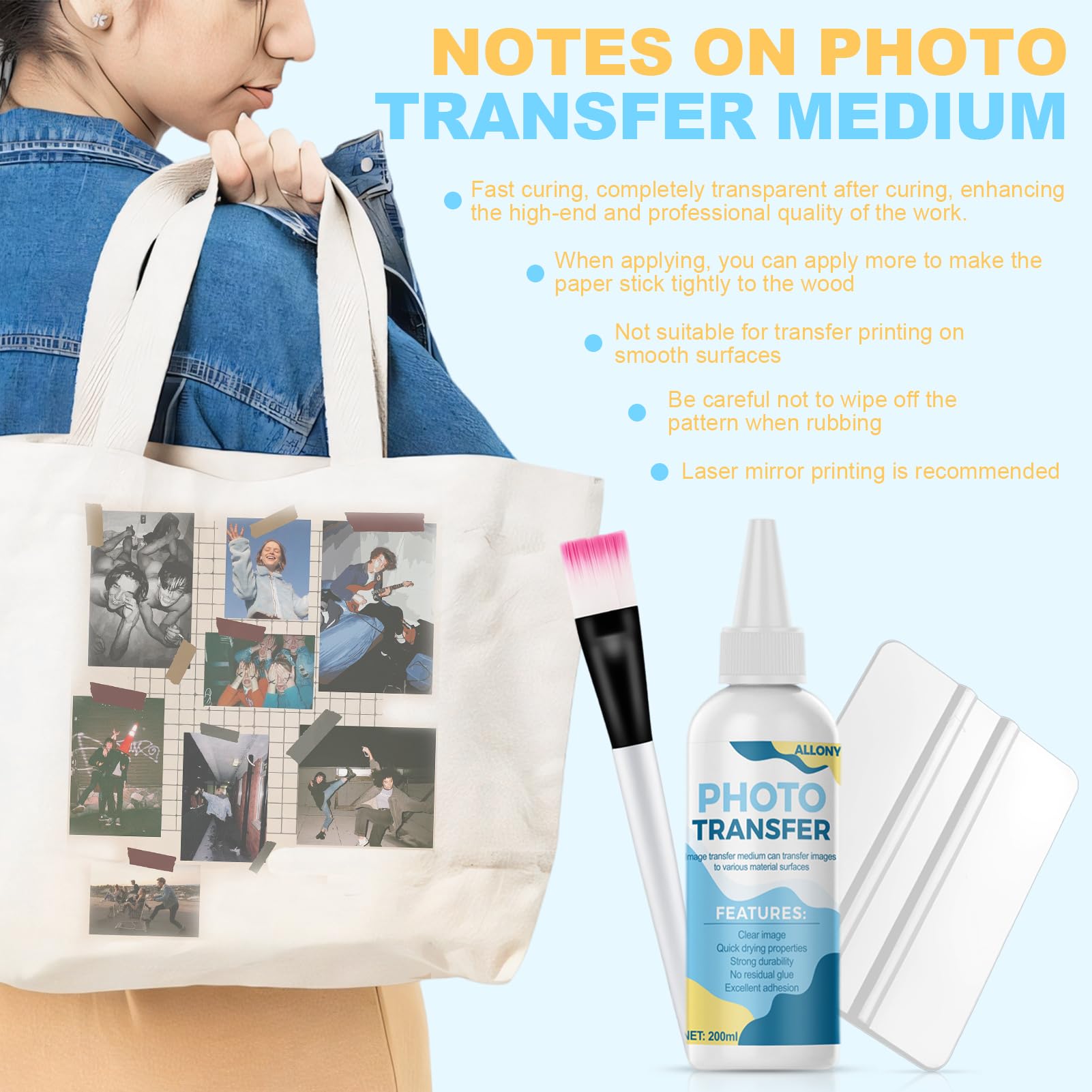 Allony Photo Transfer, Medium Trasparente per Il Trasferimento di Foto, per Trasferire Stampe, Ritagli di Giornale e Varie Superfici, 200 ml