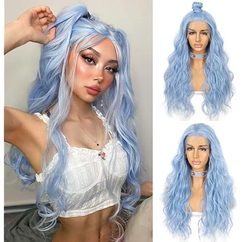 Sapphirewigs Wigs for Women Long Wavy Hair Ice Blue Wig Lace Front Wig Heat Resistant Hair Party Wig 24inch