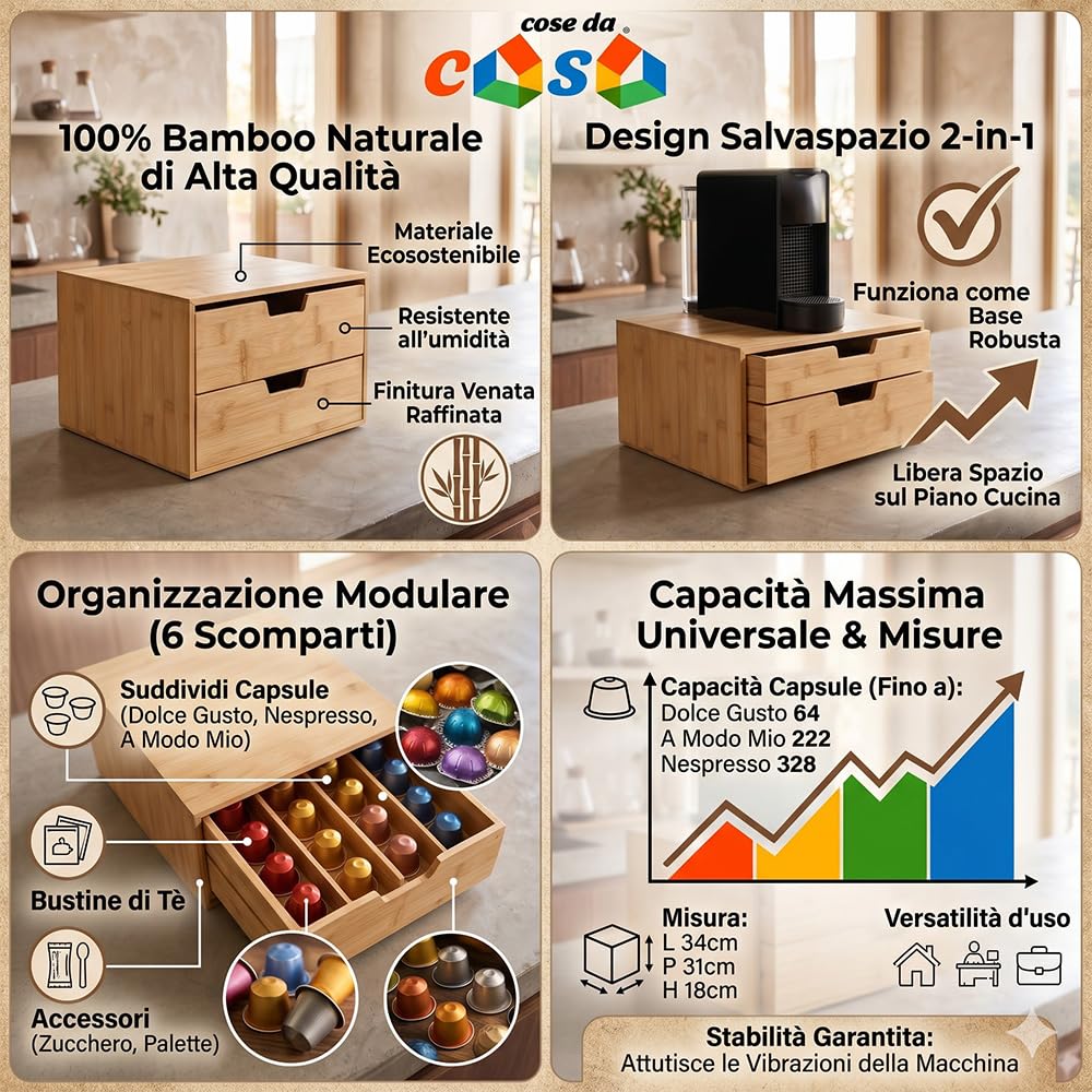 Porta Capsule Universale con 2 Cassetti Estraibili Base per Macchina Caffè Salvaspazio Organizzatore legno di Bamboo Naturale Misure L34xP31xH18 cm Organizer cucina ufficio Macchine elettriche Caffè