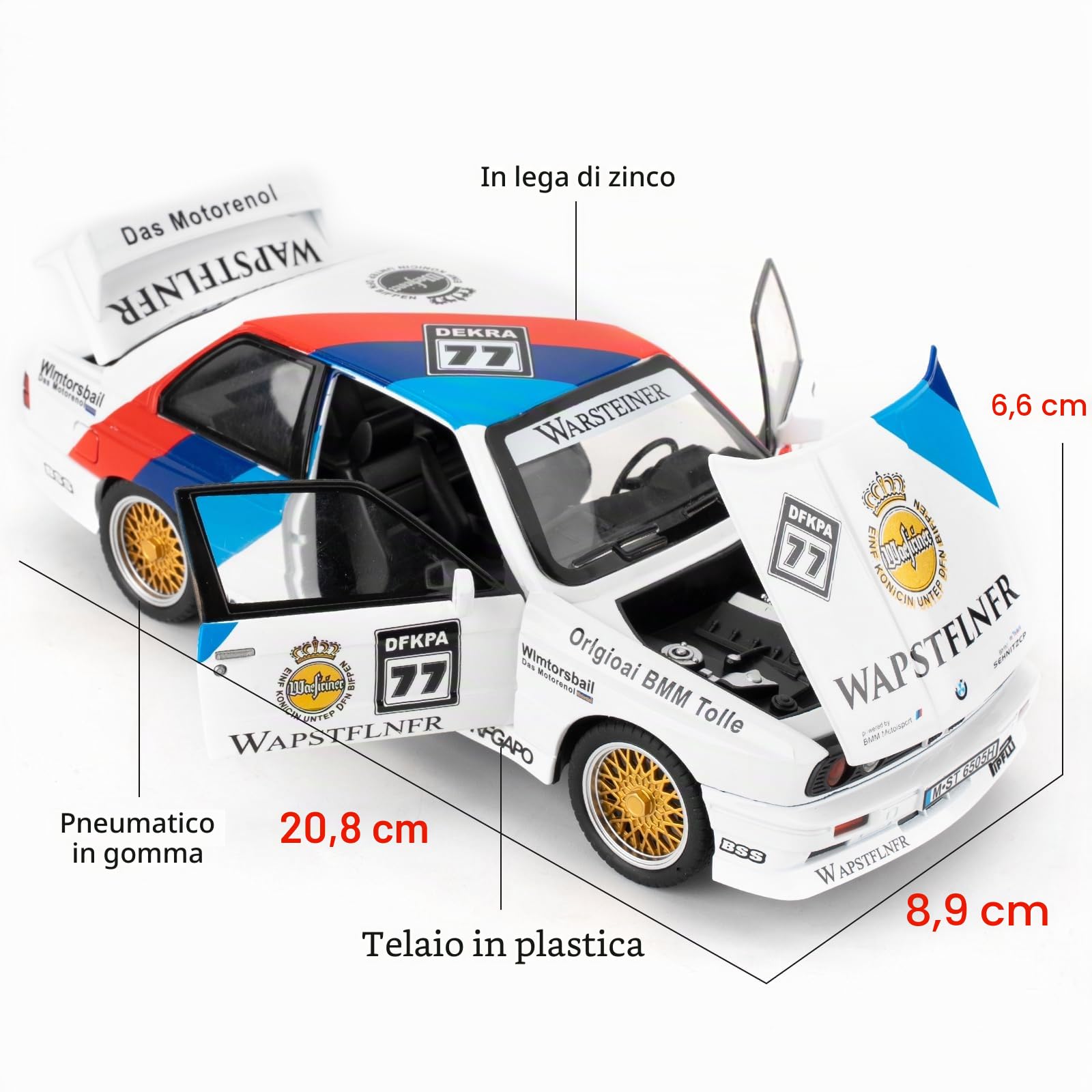 imtfzct Modellino auto 1/24 M3 in versione laccata, auto giocattolo in alluminio pressofuso con funzione audio e luce e funzione pull-back, modello da collezione, regalo per bambini (bianco)