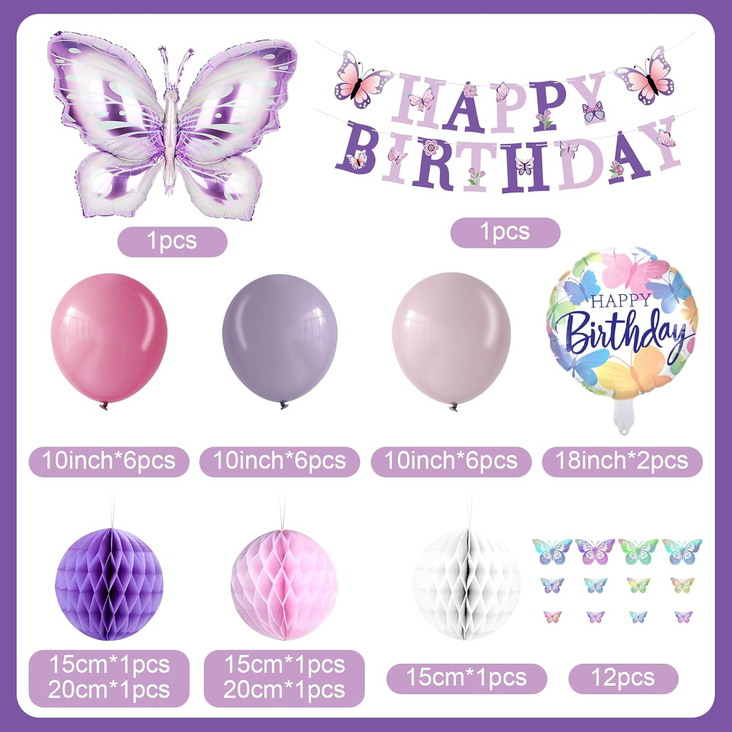 Purple Butterfly Happy Birthday Decorations - melody fantasy Butterfly Birthday Decorations with Honeycomb Balls, 3D Butterfly, Butterfly Foil Balloons for Women Girl Butterfly Party - Image 2
