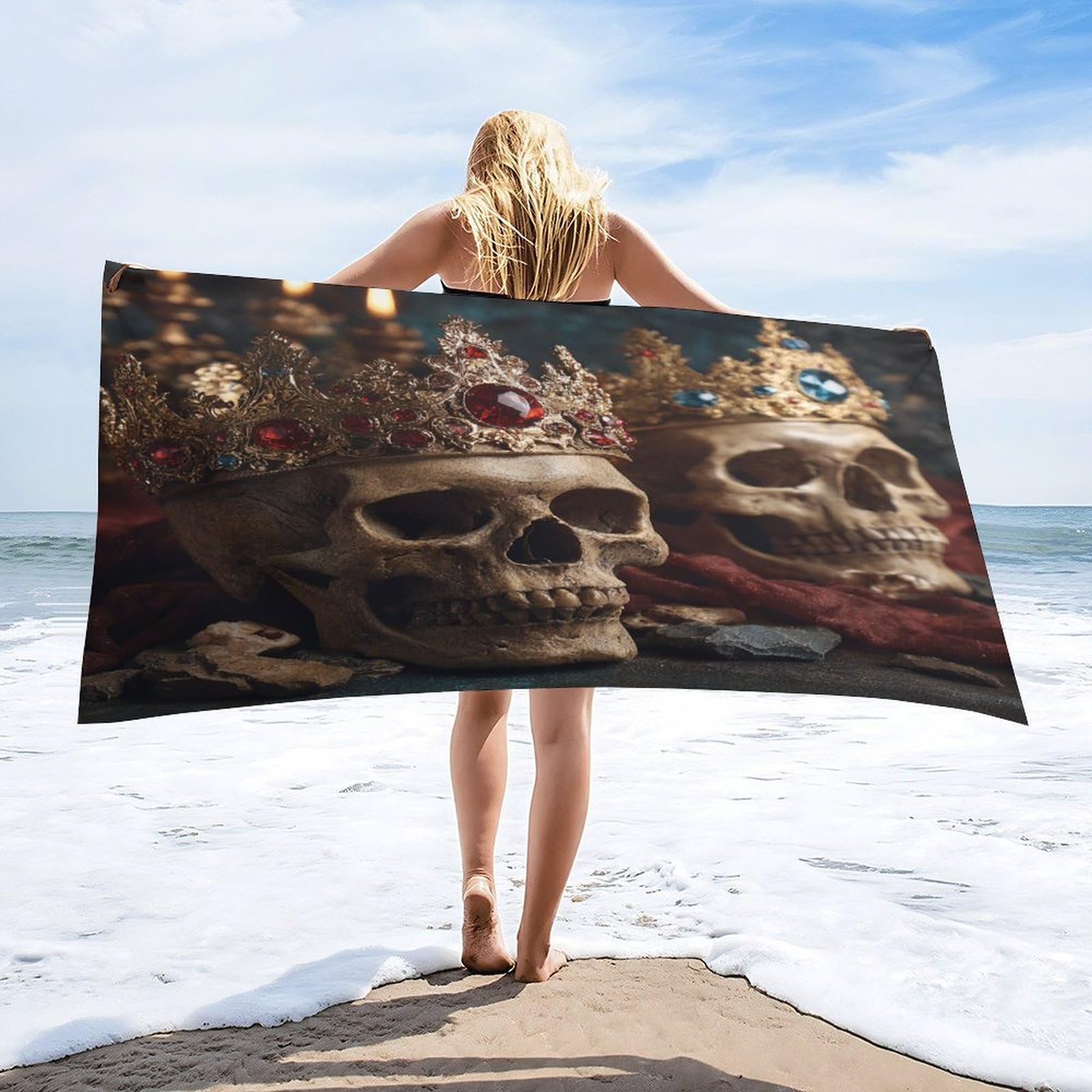 Luyysky Retro Aesthetic King Queen Crown Quick-Drying Beach Towel, Vintage Gothic Skull Skeleton Couple Crystal Crown Pattern Travel Vacation Single Sided Pile Bathroom Towels-80 W Cm X 160" L Cm