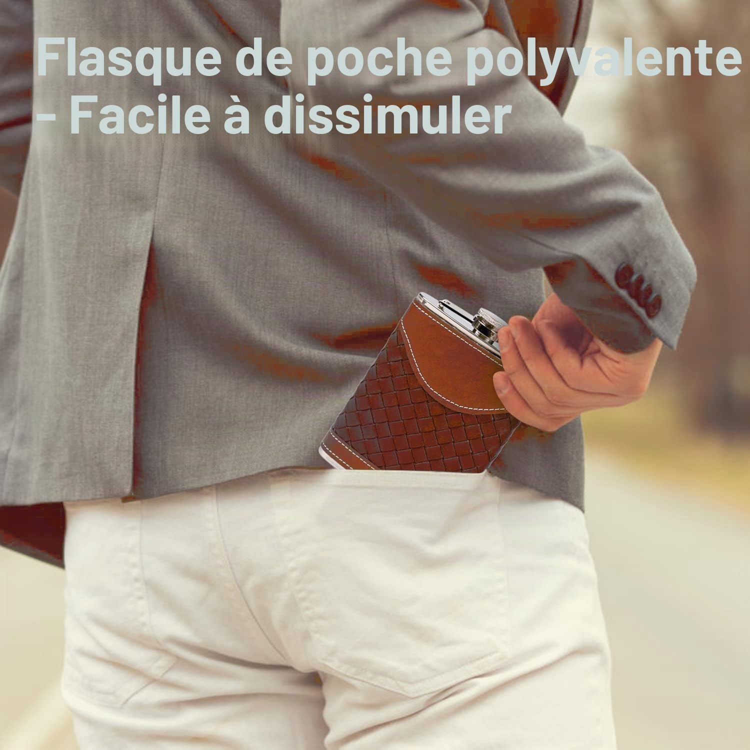 Flasque en cuir pour homme de 237 ml,Ensemble cadeau,Flasque en acier inoxydable 304 avec entonnoir,Joli cadeau pour whisky, rhum, témoin d'honneur, mariage, camping,Motif rayures marron,227 ml