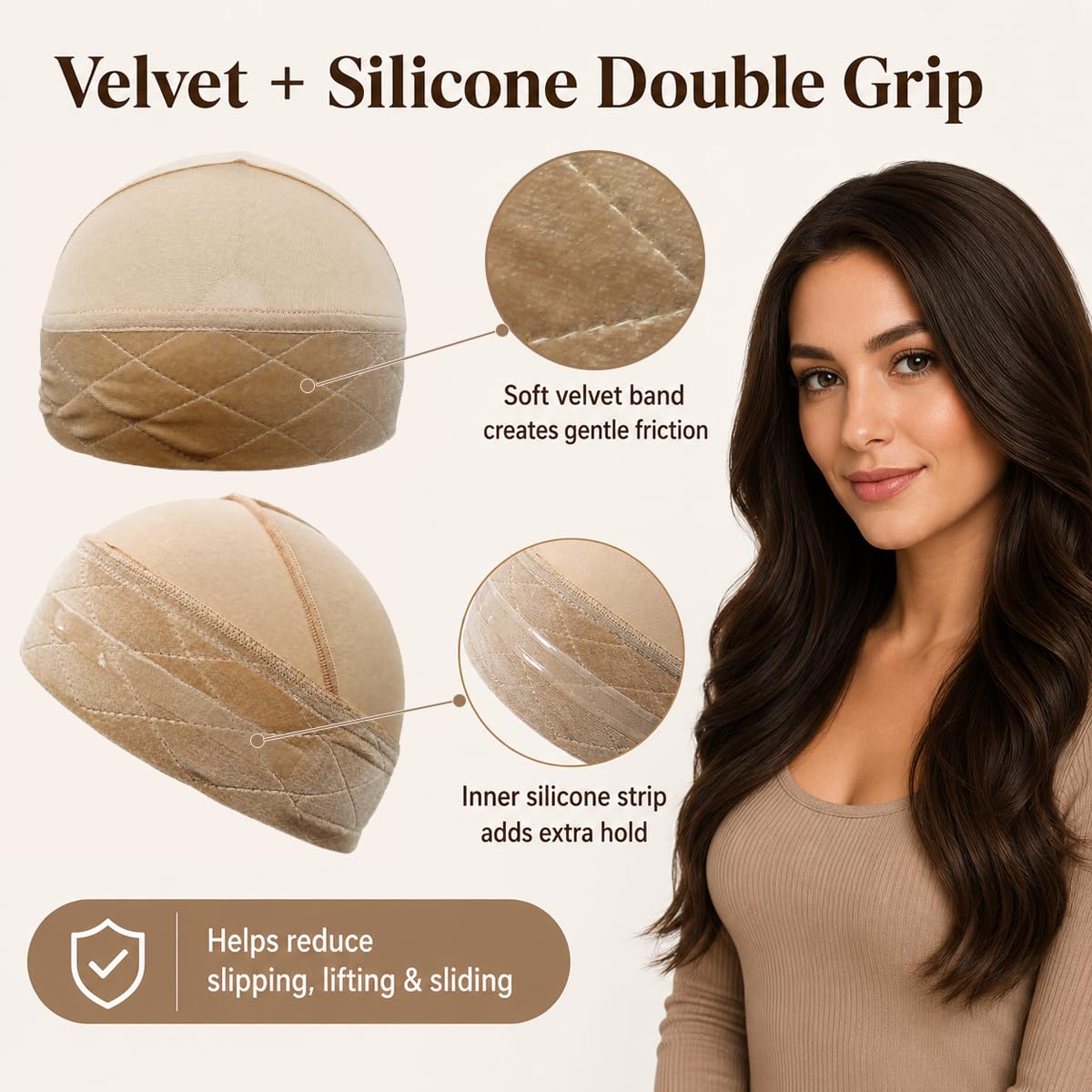 2 Pack Wig Grip Caps for Women Non Slip, 2-in-1 Modal Wig Cap with Velvet Grip Band & Silicone Grip, Hair-Friendly Short Hook Closure, Glueless Wig Cap for Lace Front Wigs, Fits 18.5-23 Inch