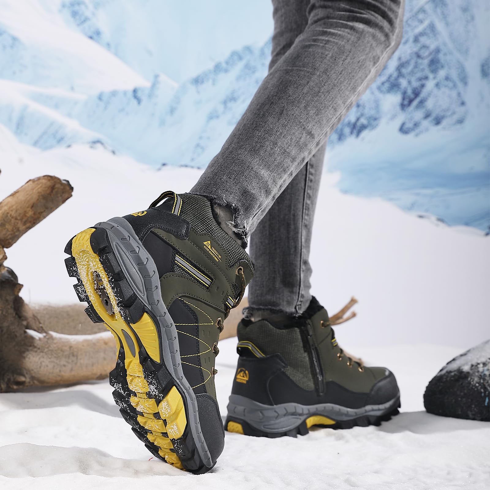 ASTERO Botas de Invierno para Niño 31-38 con Hebilla de Acero, Algodón, Zapatillas Trekking Senderismo, Botas de Nieve y Montaña Verde 32