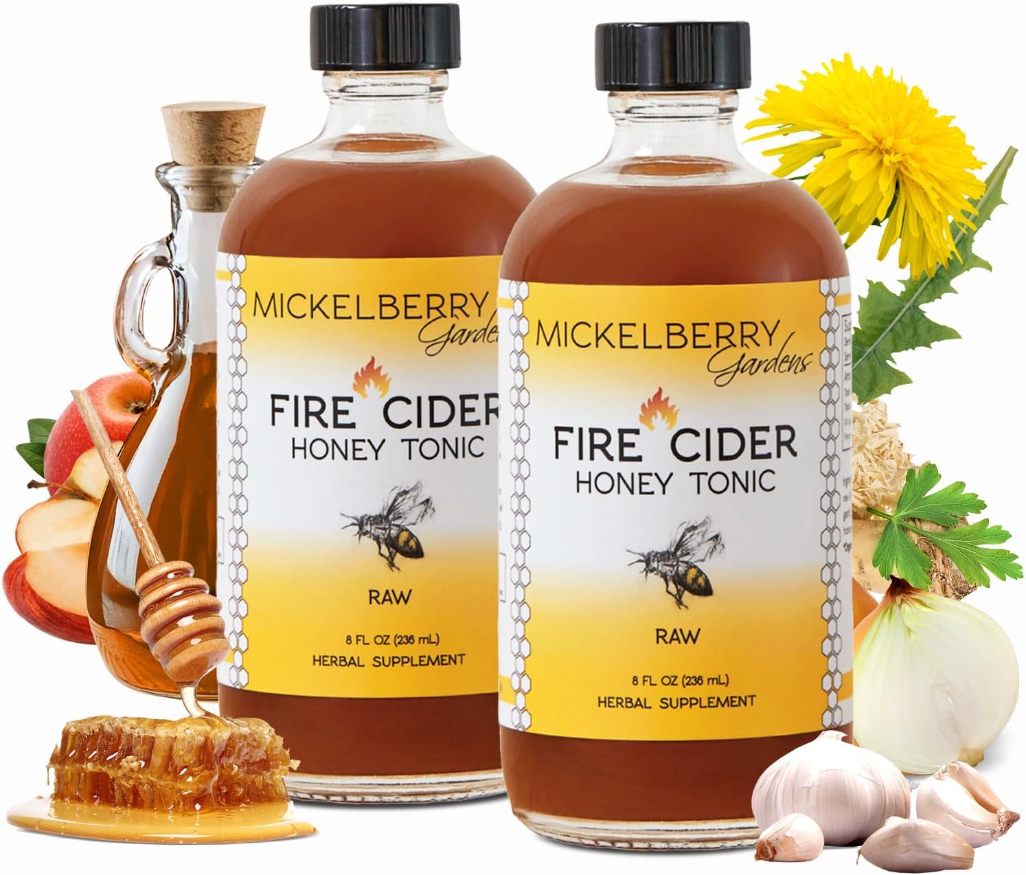 Fire Cider Apple Cider Vinegar Honey Tonic with Organic Turmeric Root, Ginger Root & Dandelion - Natural Digestion & Immune Support, 8 Ounces (Pack of 2)