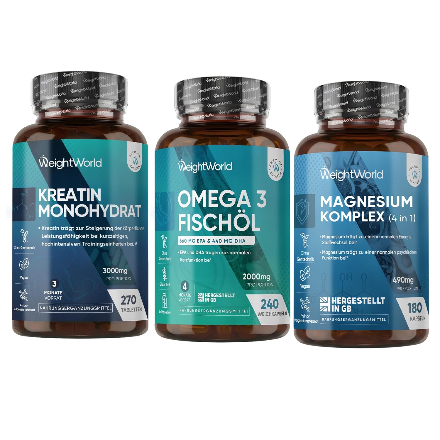 Omega 3 Weichkapseln + Creatin Monohydrat Tabletten + Magnesium Komplex 4 in 1 Kapseln - Gemäß GMP - Frei von Gluten & Gentechnik - WeightWorld