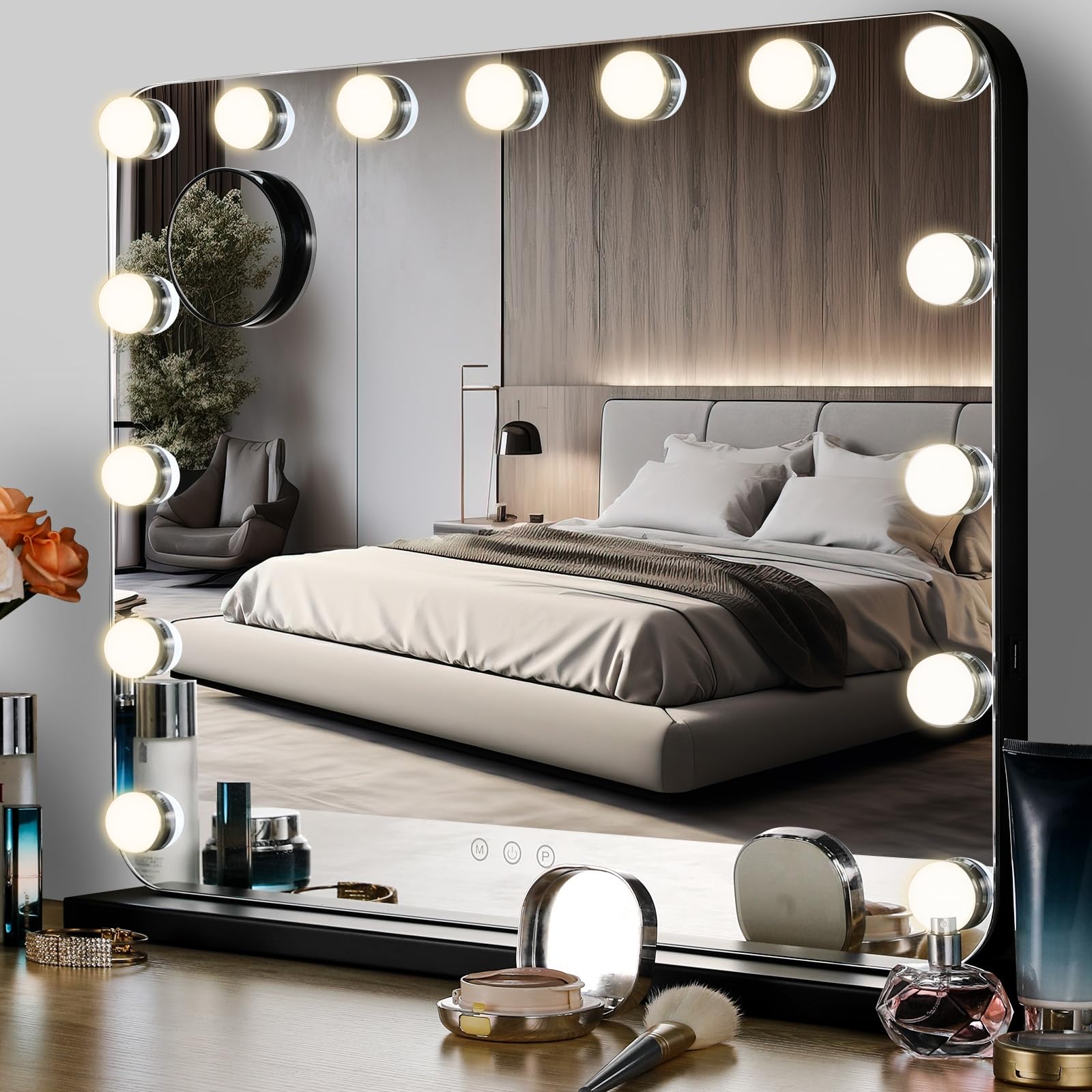 MAMIZO Espejo Maquillaje con Luz,58x46cm Espejo Hollywood de Mesa Iluminado,15 Bombillas LED Regulables con 3 Modos de Color,USB, Espejo Aumento, Espejo de Tocador o Pared,Espejo de sobremesa,Negro