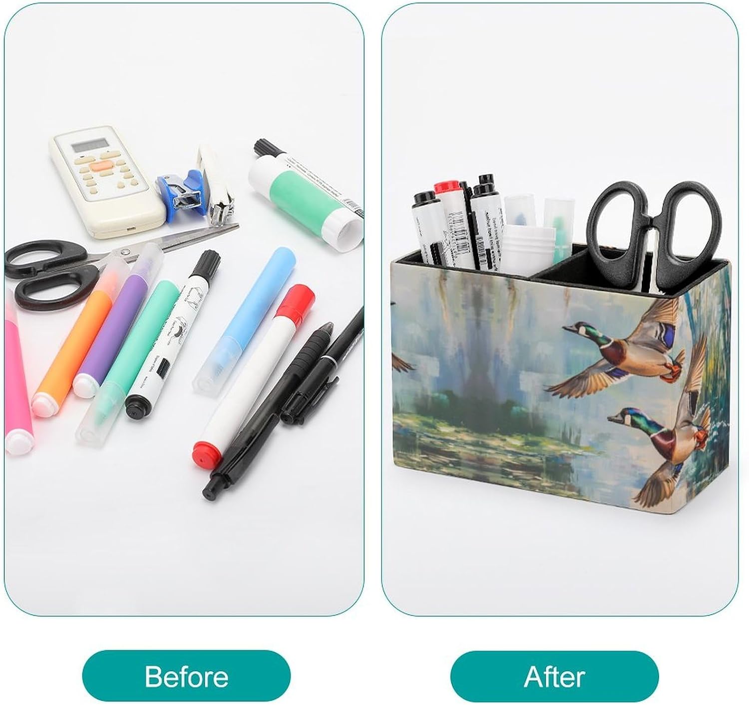 Wood Ducks Pencil Pen Holder PU Leather Desk Storage Organizer Makeup Brush Box