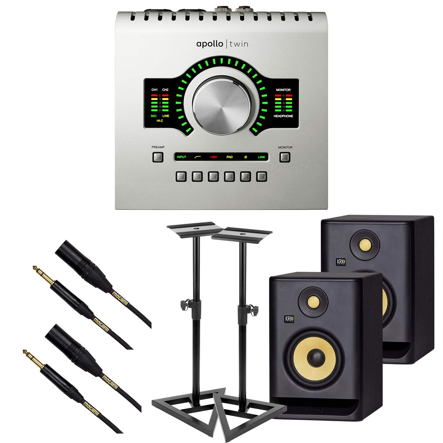 Universal Audio Apollo Twin USB Heritage Edition, (2) KRK RP5G4 Monitors, Monitor Stands, (2) Mogami XLR to 1/4 Bundle