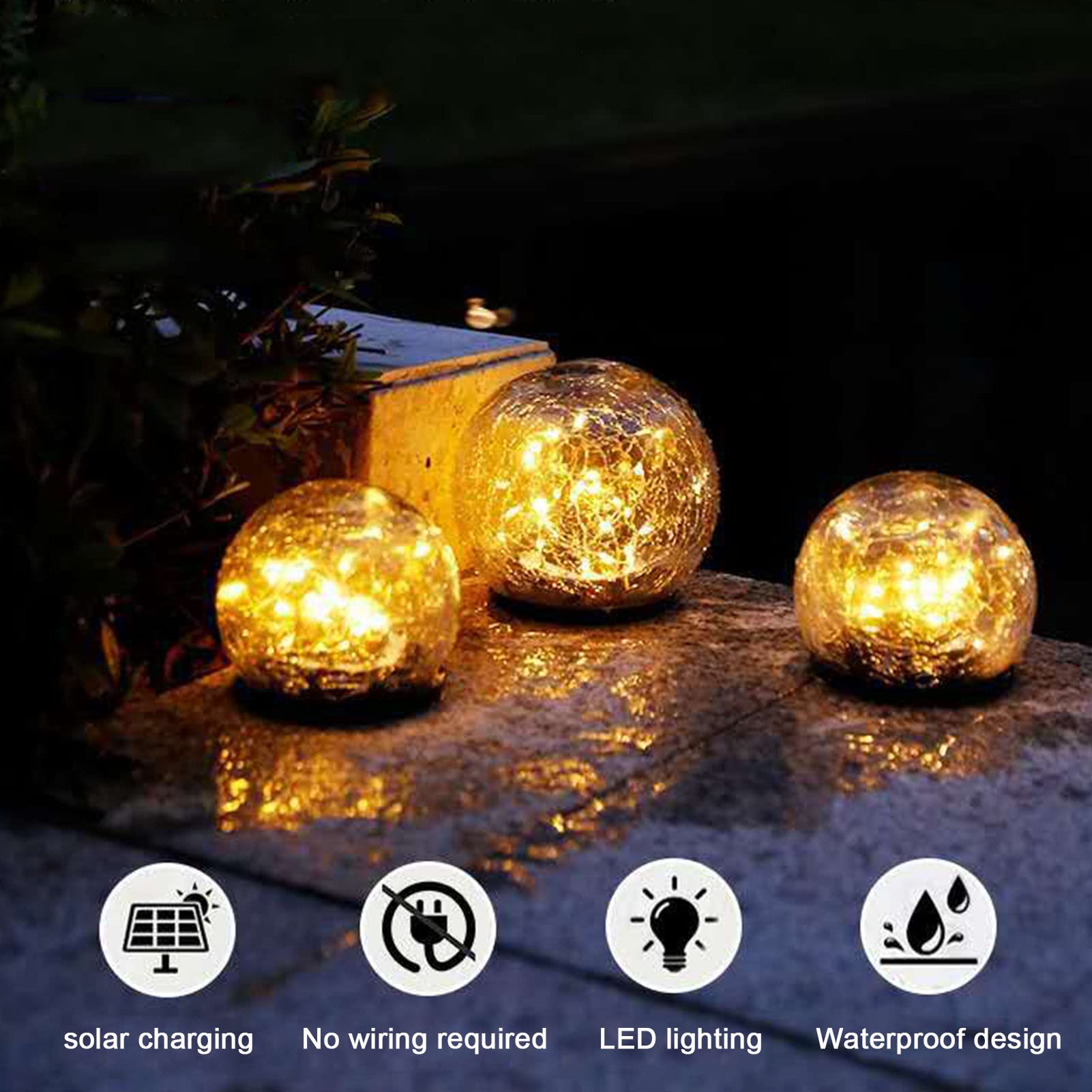 HEATED Luci solari del Giardino Sfera di Vetro Cracked Luci solari Decorative Esterne Impermeabile Decorazione Giardino per Esterno Pathway Patio Yard Prato Bianco Caldo 2 Pacchetti