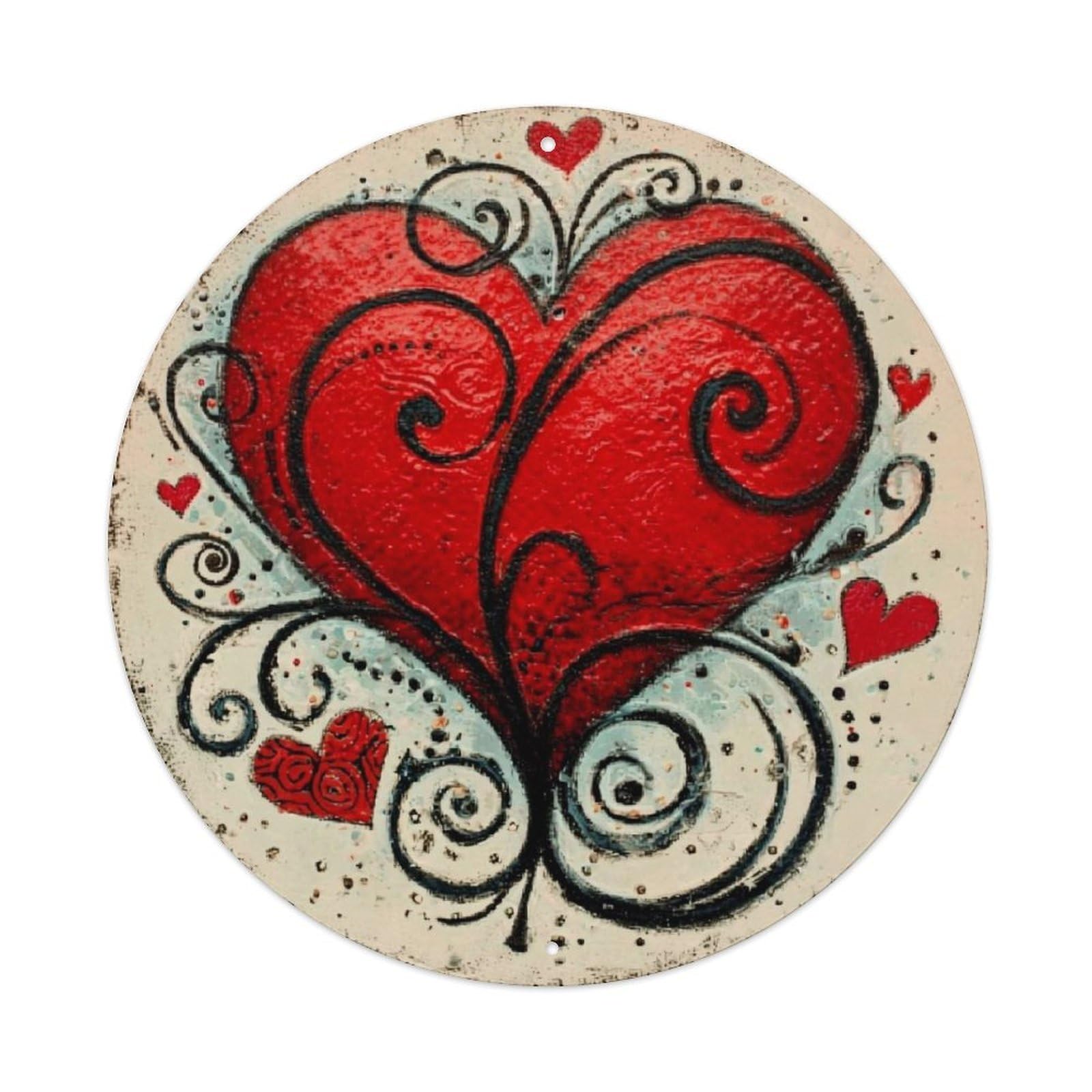 Jdyaojiesheng Vintage Heart Swirls Red Black White Round Tin Sign Retro Metal Wall Decor Metal Poster, Home Bar Garage Farmhouse Cafe Wall Art Decoration 8X8inch