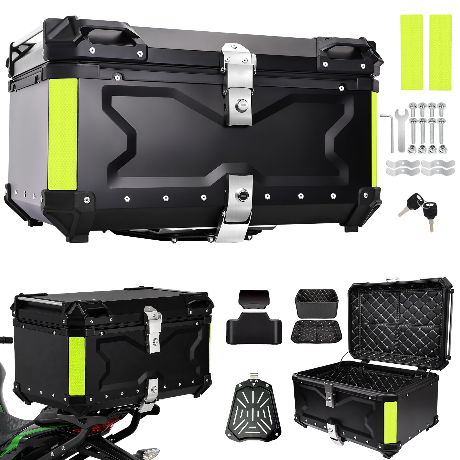 Baúl para motocicleta de aluminio, 65 L, color negro, gran maletín, universal con placa de montaje, acolchado trasero y forro interior, caja superior impermeable con candado para viajes y