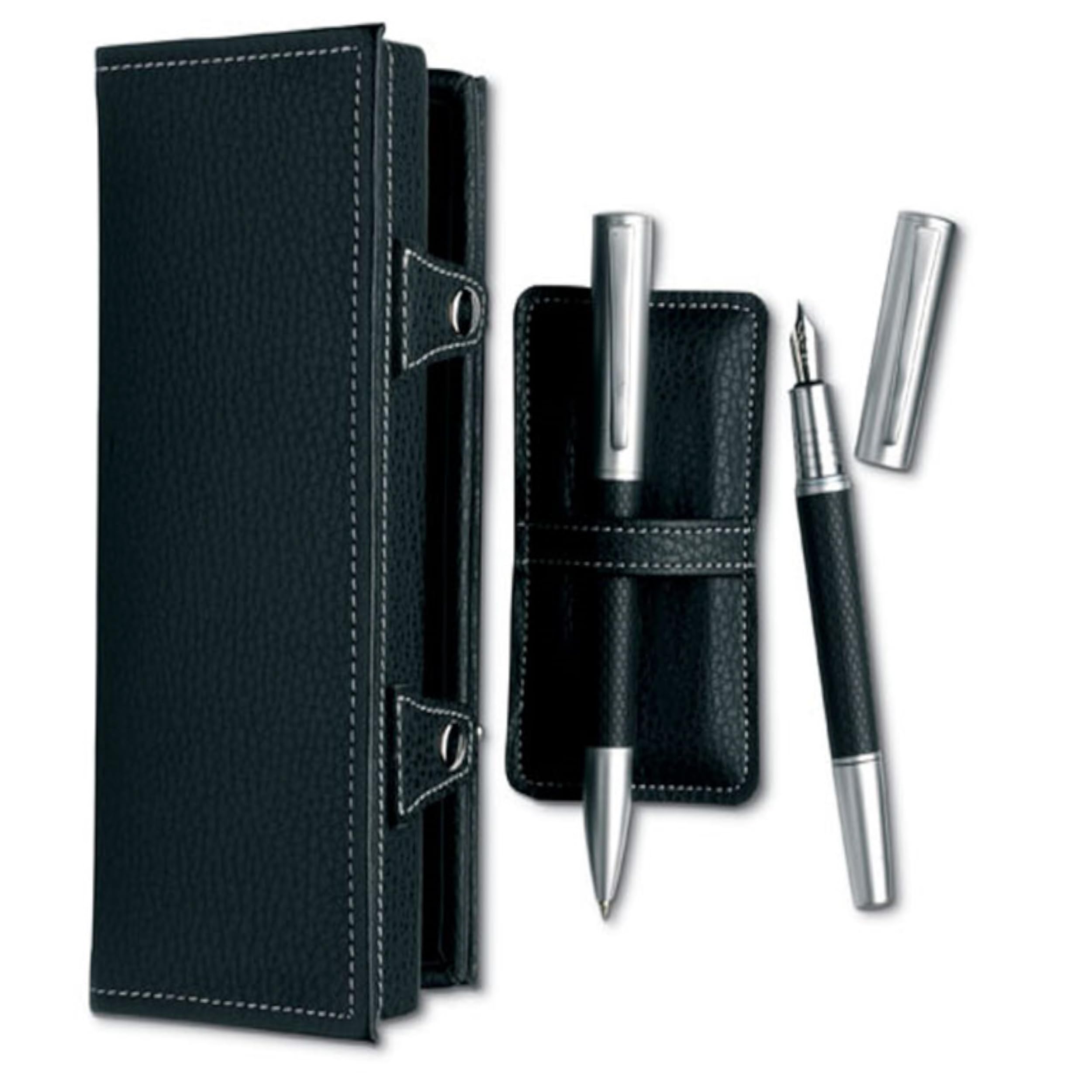 noTrash2003 Set d'écriture de qualité supérieure - Stylo à bille rotatif noir et argenté - Stylo à bille en métal argenté mat au look carbone - Dans un élégant étui cadeau