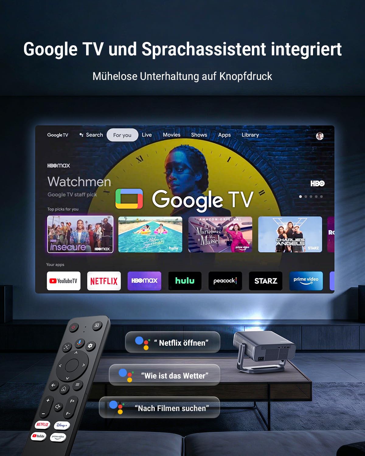 Smart Beamer【Google TV, Auto-Objektivabdeckung, 2500ANSI】 Beamer 4K Heimkino mit Autofokus & 6D Trapezkorrektur, Full HD 1080P, WiFi6, 360° Drehbarer Tragbarer Projektor mit APP für Outdoor/Handy