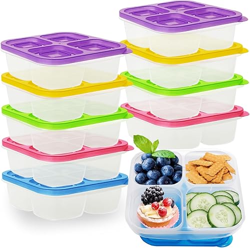 Gddochn 10 cajas de aperitivos versátiles multicolores, recipientes de almuerzo de 4 compartimentos, recipientes de alimentos reutilizables con tapa