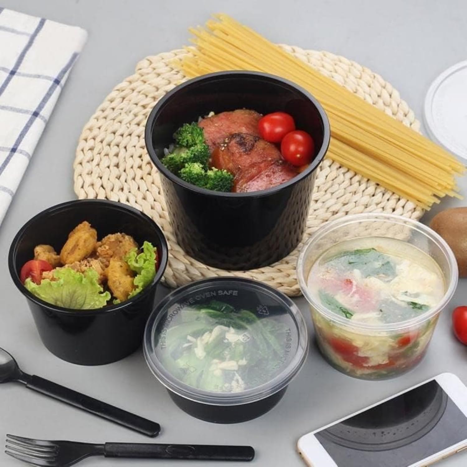 HOT BARGAINS 50 X 1000ml Heavy Duty Round Takeaway Food Containers with Lids Black Colour Round Shape Container Non CFC, BPA Free, Microwave & Freezer Safe