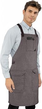 Denim Work Apron, Cross-Back, Flapped Pockets, Loops, Beige | Protected Pockets, Pen Pocket, Double Stitched & Bartack Reinforced, For Chef, Barista, Bartender, Hospitality, Restaurant
