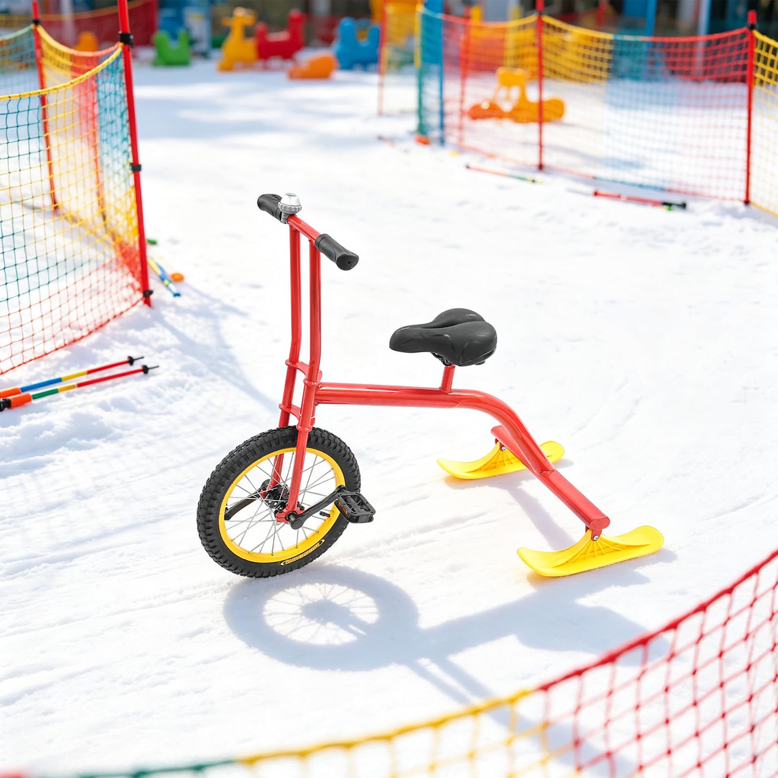 Monopattino da neve, portata 100 kg, leggero, con sella, snowboard, 108 x 58 x 86 cm | Azionamento a una ruota, slittino con allarme, campanello da sci, bicicletta per gite in famiglia, attività in campus
