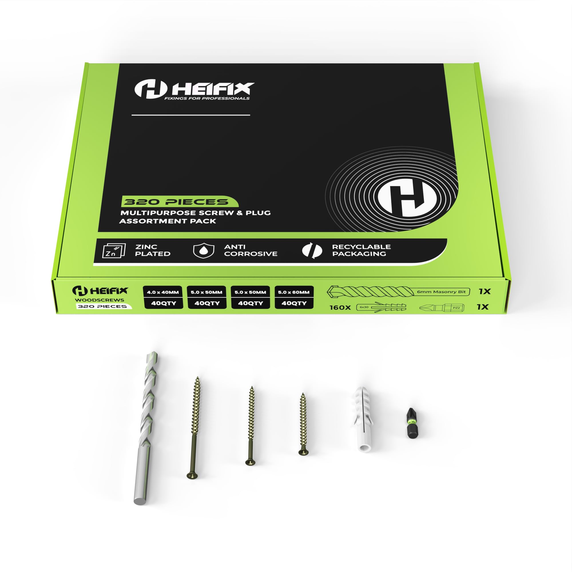 Heifix 320-Piece Wall Plug and Screw Set In Eco Storage Box, FREE 6mm Masonry Drill Bit and PZ2 Bit - Image 3