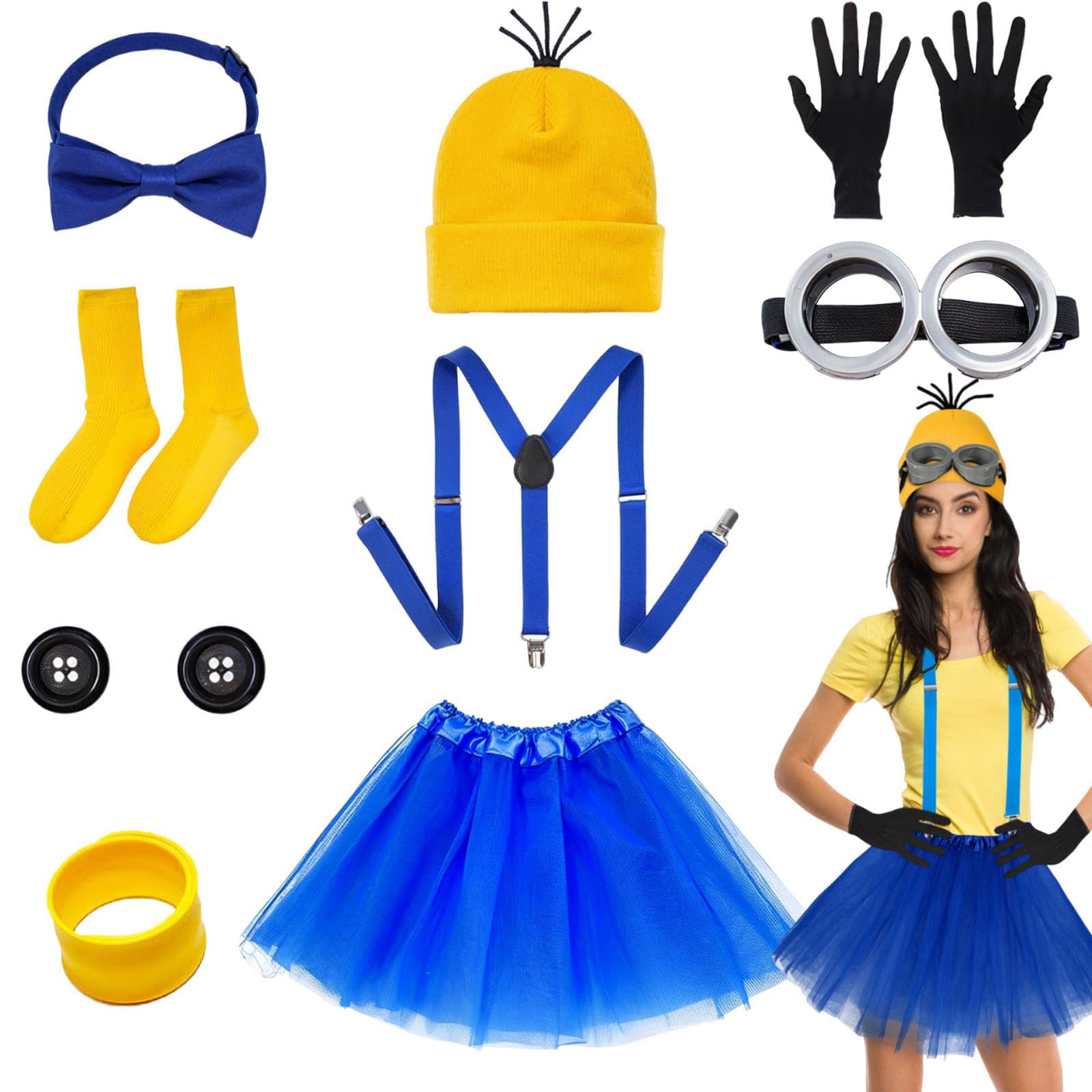 AXERHK 9PCS Yellow Halloween Costume, Yellow Costume Set for Adults with Hat Glasses Gloves Strap Buttons Bracelet Socks Tutu Skirt Bow Tie for Women Men Carnival Cosplay Party World Book Day