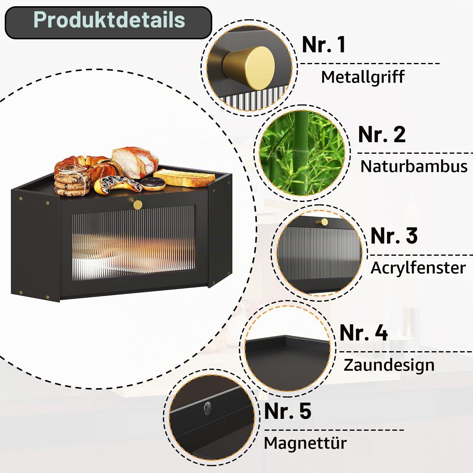 VEDECASA Eck-Brotkasten für Küche Bambus Brotkasten mit Transparenter Acryl-Tür Schwarz Brotkorb für Küchenecken Großer Brotbehälter im rustikalen Design 32x32x20cm