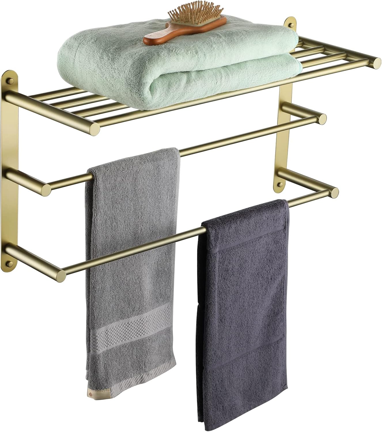 kokosiri 3 tier bath towel rack 24 inch wall mounted rack with towel bars towel shelf with single towel bar bathroom ladder brushed gold b5003bg
