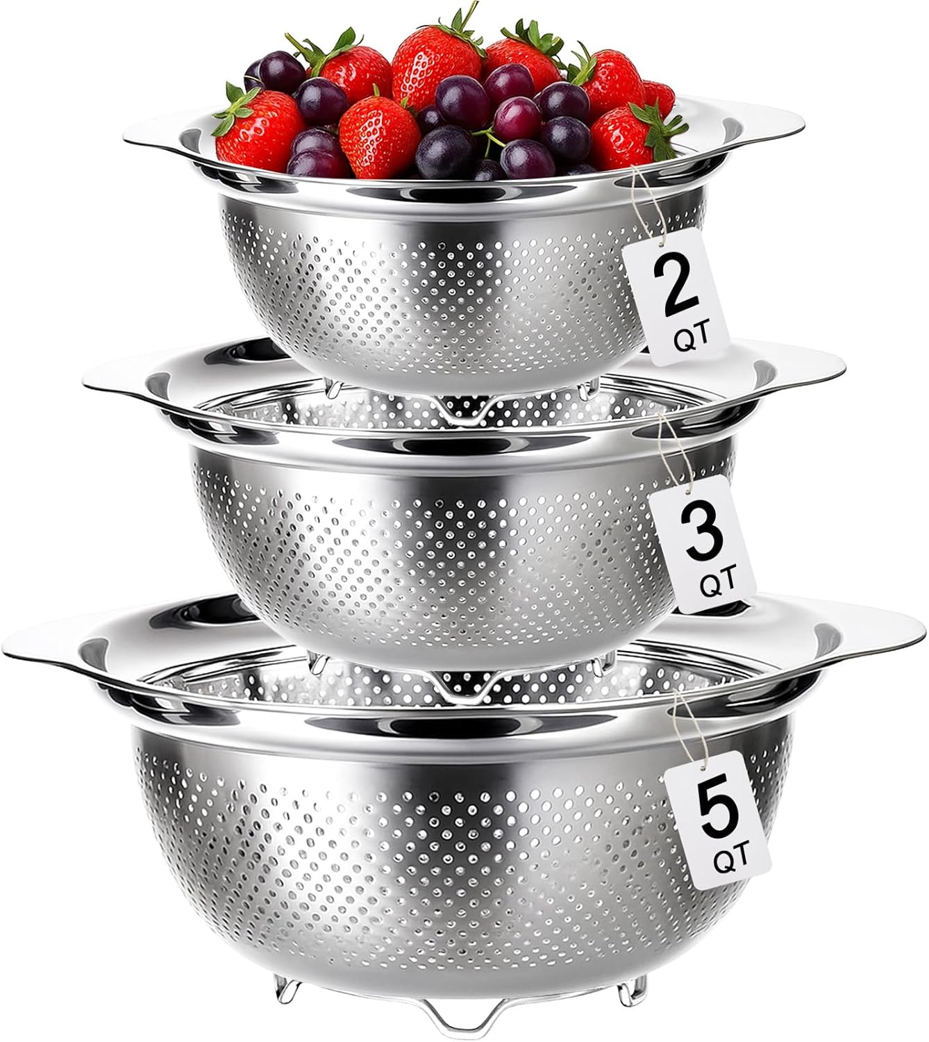 3 Pcs Stainless Steel Colander Strainer Set Metal Colander for Kitchen Pasta Strainer for Rice Food Fruits Spaghetti Vegetables (2QT, 3QT, 5QT) 3 Pcs Stainless Steel Colander Strainer Set Metal Colander for Kitchen Pasta Strainer for Rice Food Fruits Spaghetti Vegetables (2QT, 3QT, 5QT)