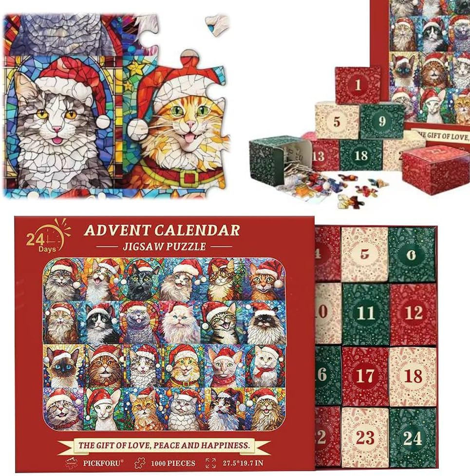 Christmas Advent Calendar 2025 — 1000-Piece Puzzle Countdown (Cat Mosaic Stained Glass) — Daily 24-Day Jigsaw for Adults, Holiday Home Decor