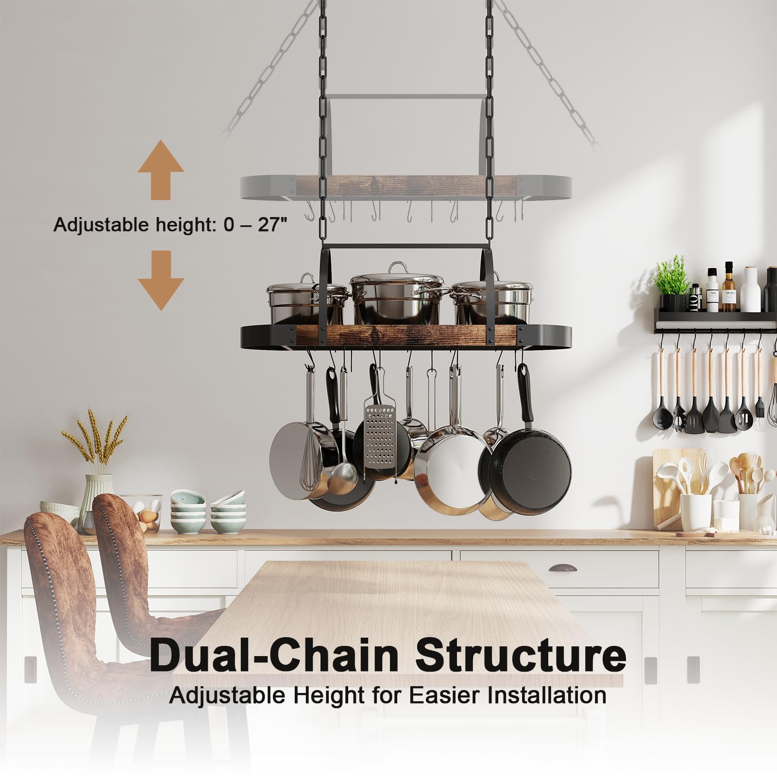 Hängendes Topfregal, 81,3 cm, Deckenregal für Küche, platzsparender Topfaufhänger mit 16 abnehmbaren S-Haken, stabiler Metallrahmen, Industrie-Stil, für Topf, Pfanne, platzsparend