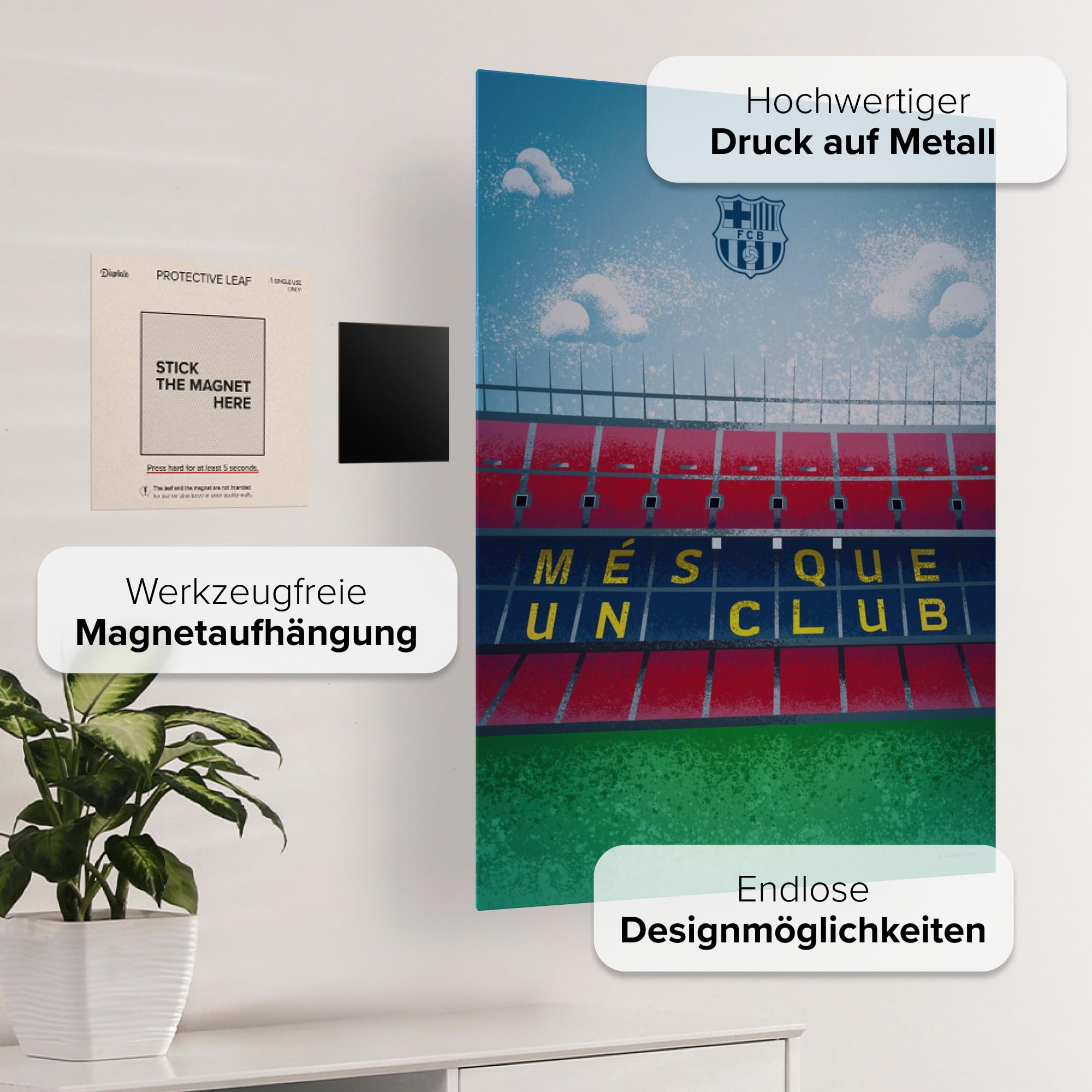 Displate - Poster in metallo – montaggio magnetico – FC Barcelona – Camp Nou Illustrated – Mes que un Club tribune – Dimensione M – 32 x 45 cm opaco