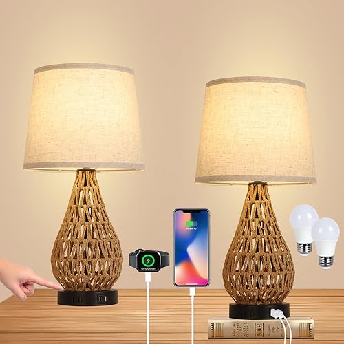 Juego de 2 lámparas de mesa con control táctil lámparas de noche de ratán con 2 puertos USB y salida de CA lámpara de escritorio regulable de 3 vías