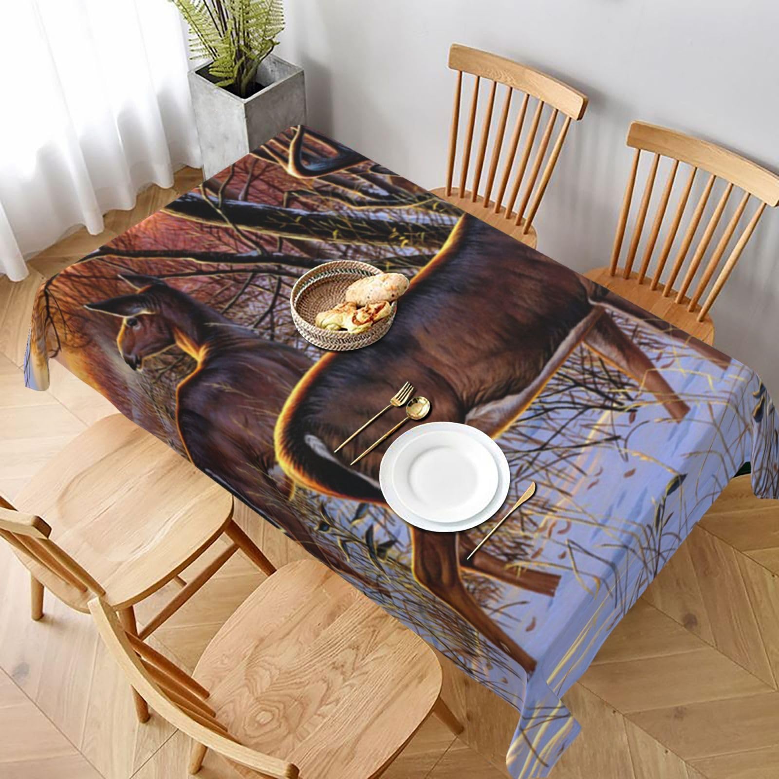 BNVSADC Deers Picture Printed Rectangle Tablecloth 228x152 CM, Water Resistant Polyester Table Cloth Decorative Fabric Table Covers for Kitchen Dining Table Parties Camping