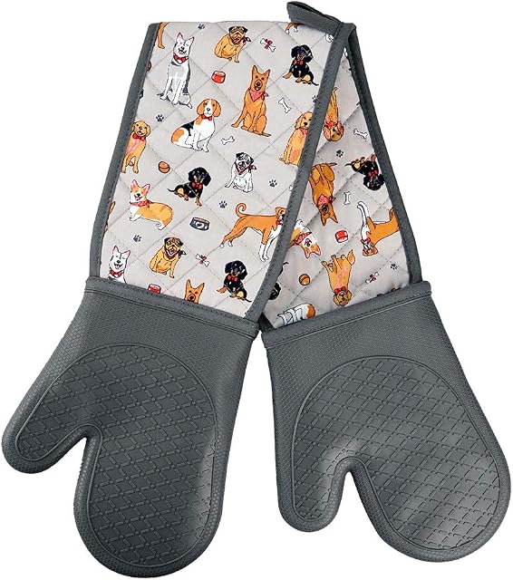Heat Resistant Silicone Double Oven Glove Mitts with 500F degrees,Silcone and Cotton with Funny Dogs Printing Design, Oven Gloves Safe Cooking Baking, Grilling, Barbecue
