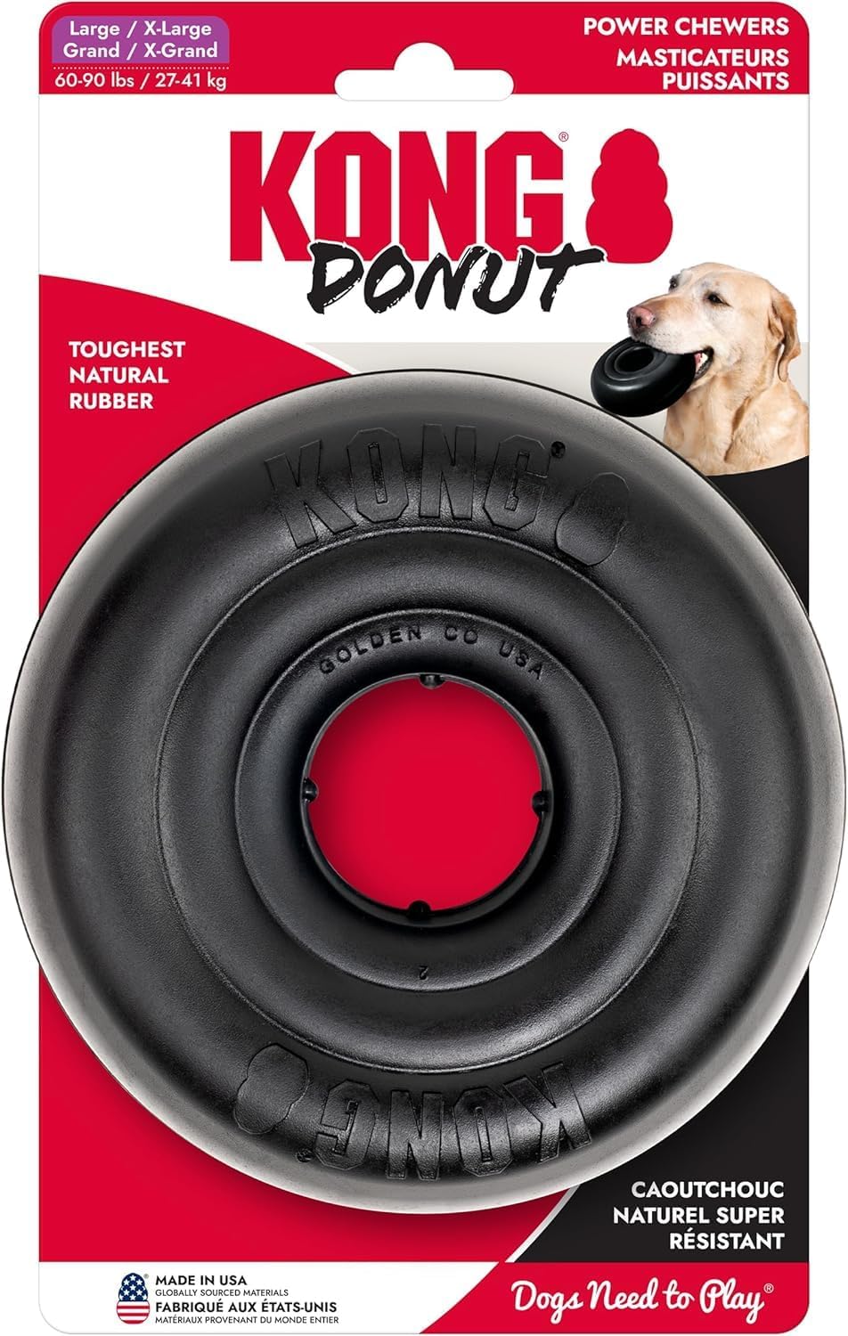 KONG Extreme Donut Dog Toy – Toughest Durable Natural Rubber Chew Toy for Power Chewers – Safe on Teeth & Gums, Fun Bounce & Roll for Indoor and Outdoor Play (Large/X-Large)