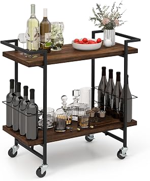 GOFLAME Bar Cart for Home, 2-Tier Kitchen Cart with Lockable Wheels and Anti-Fall Guardrail, Bar Serving Cart with Metal Frame, Rolling Beverage Storage Cart for Dining Room, Living Room